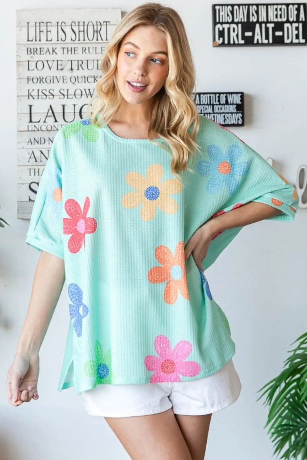 Shorts Trendsi Floral Waffle Tee Women's Everyday Oversized T-Shirt Soft & Comfy