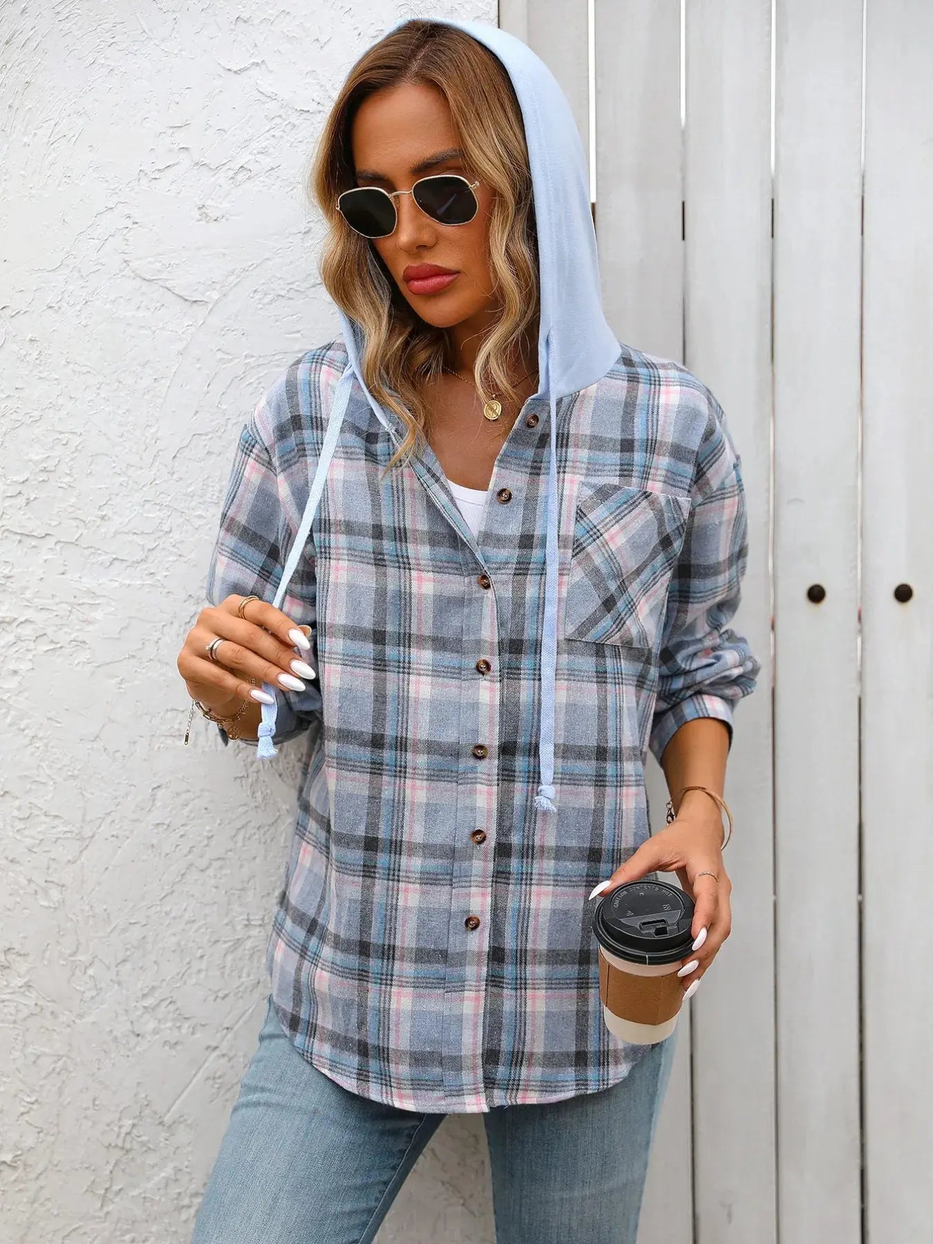 Plaid Button-Up Oversized Hooded Shirt with Chest Pocket