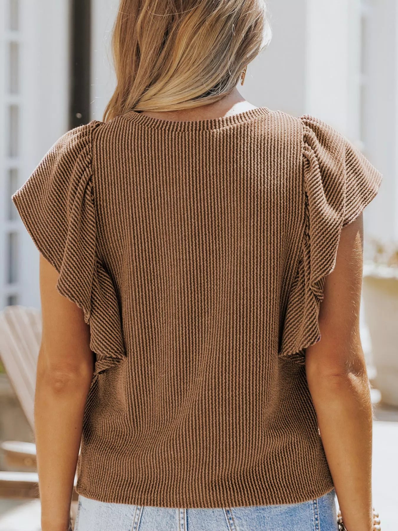 Full Size Ruffled Sleeve Ribbed Knit T Shirt