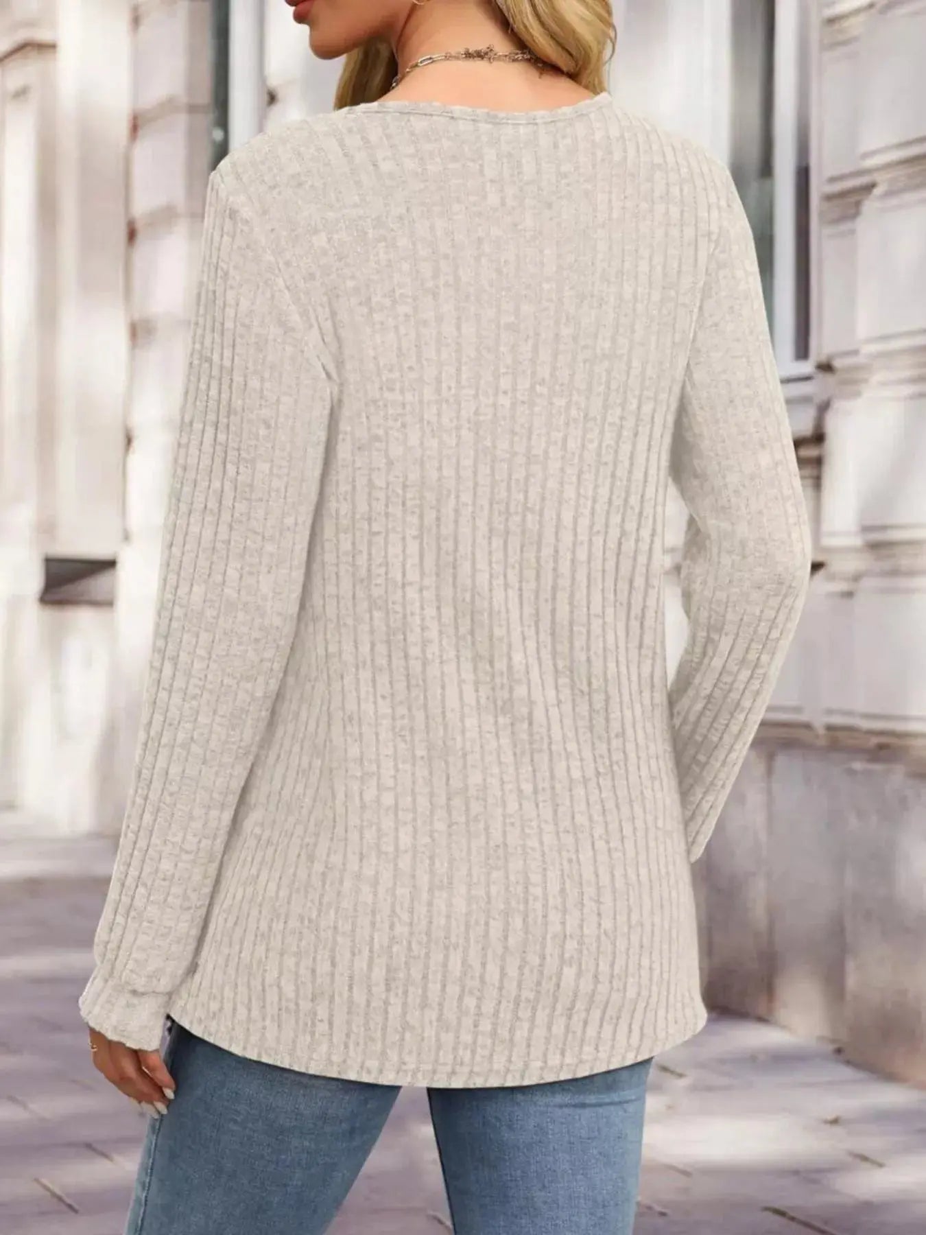 Ribbed Knit Button Front Long Sleeve T Shirt