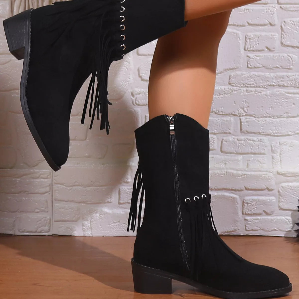 Fringe Western Block Heel Boots