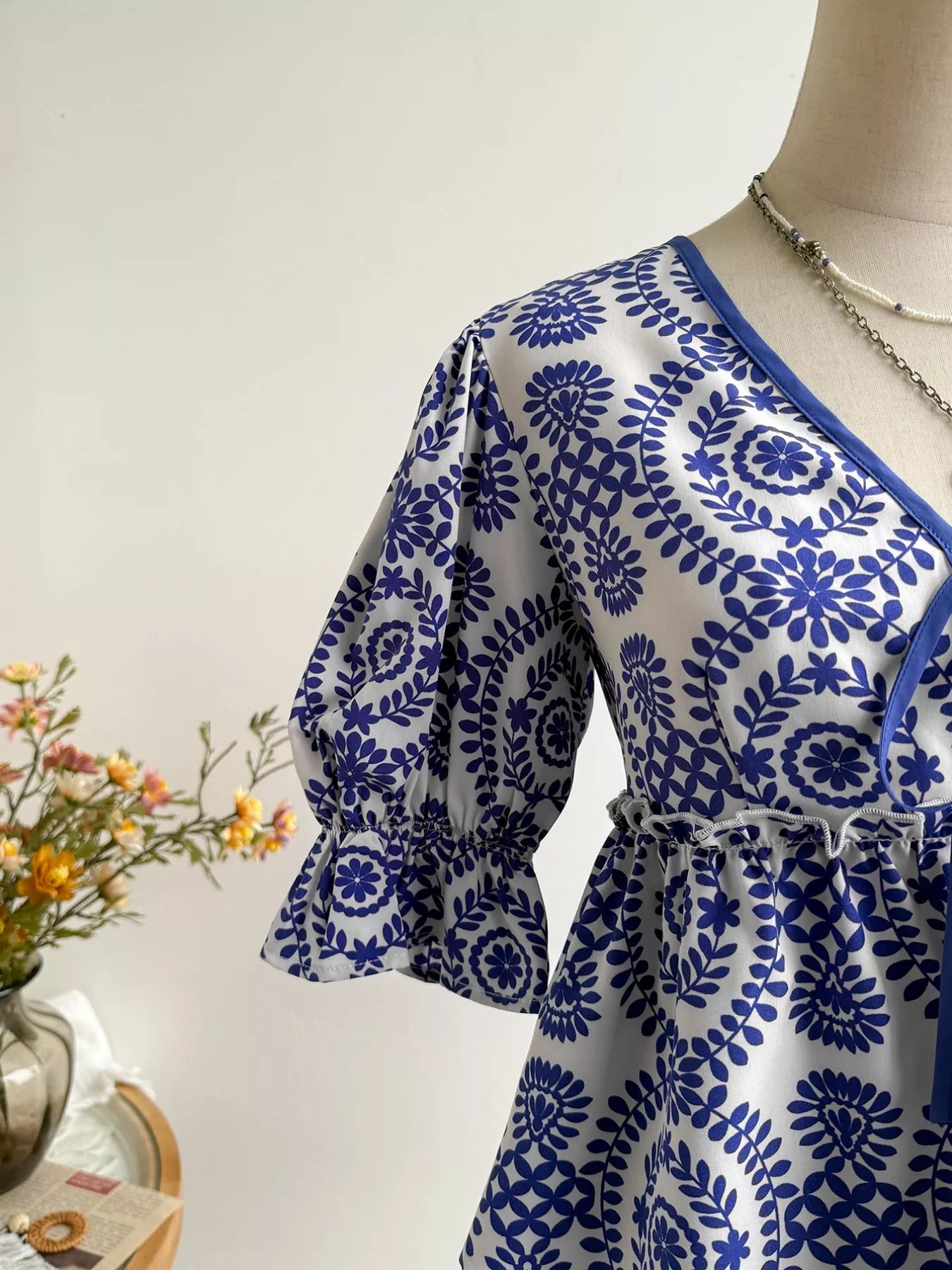 Navy Floral Tie Front Blouse