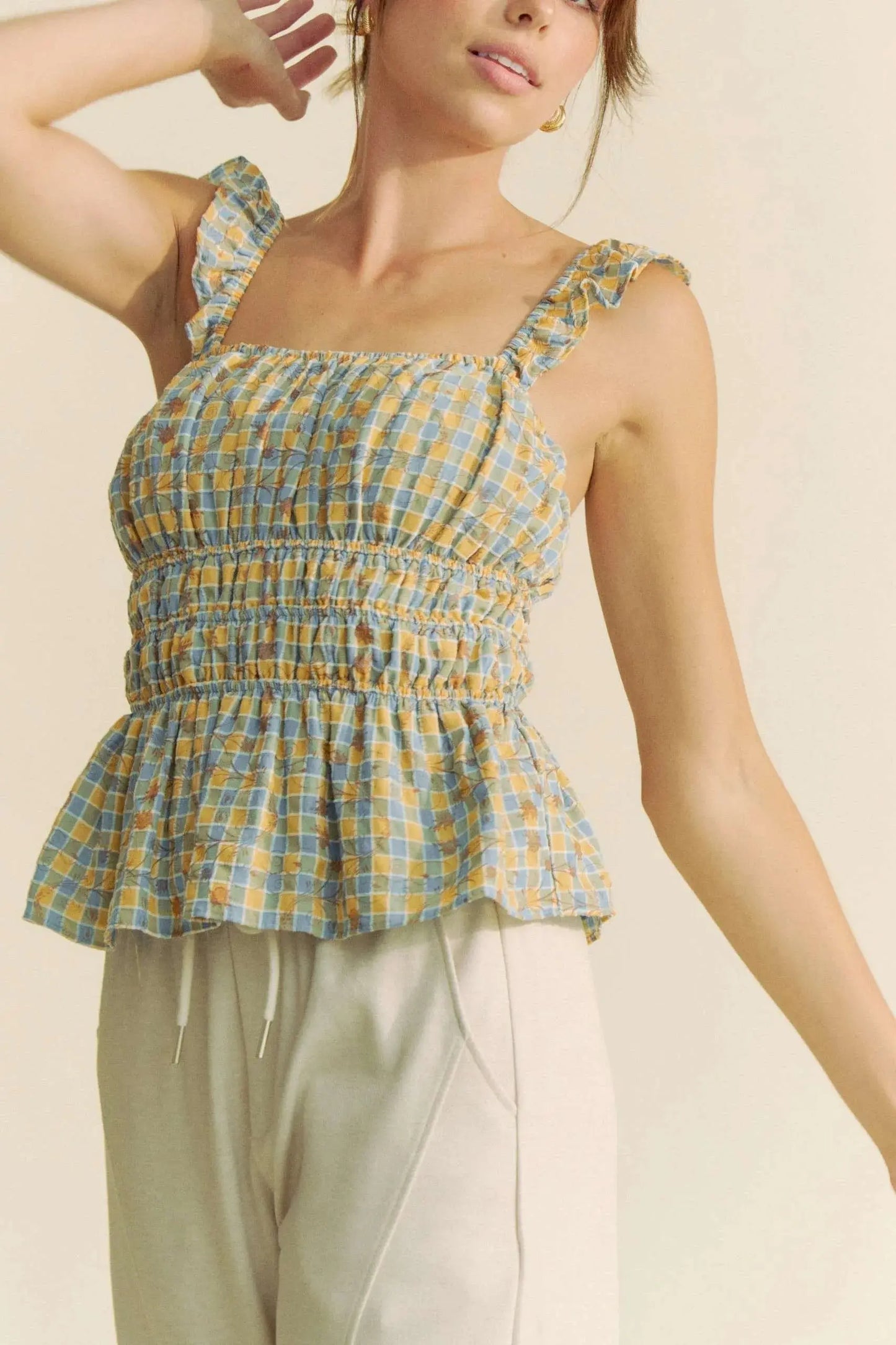 Women's Tank Top Tank Top - Plaid Smocked Ruffle Strap - Cute