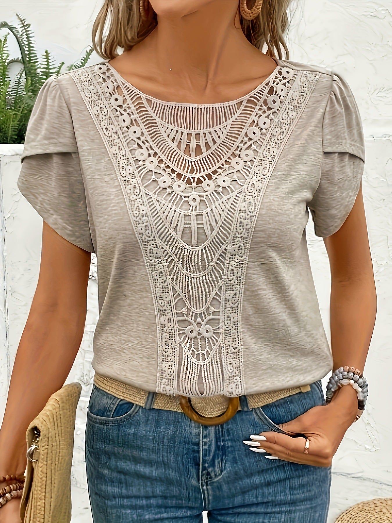Lace Trimmed Petal Sleeve Casual Womens Top