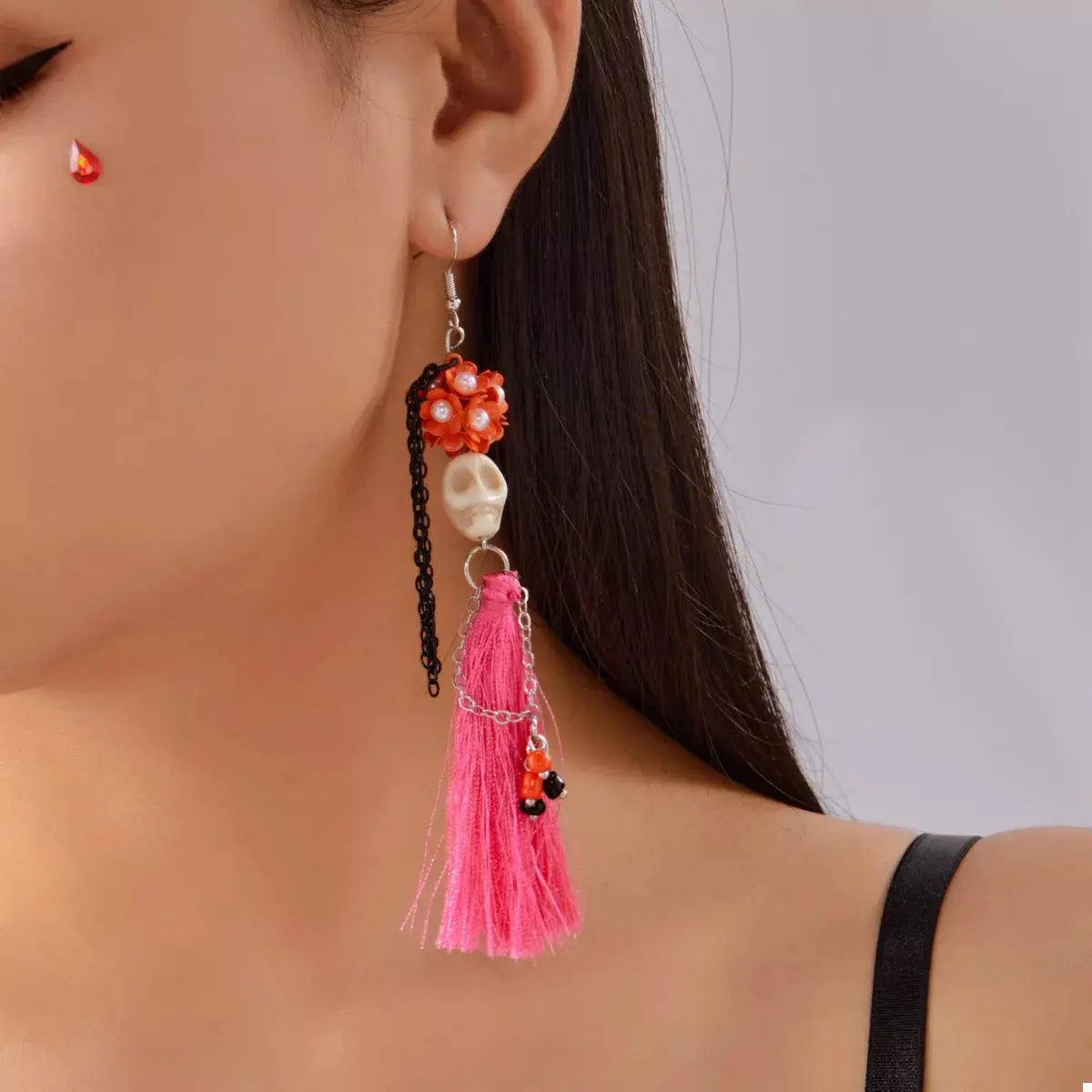 Sugar Skull Tassel Halloween Drop Earrings
