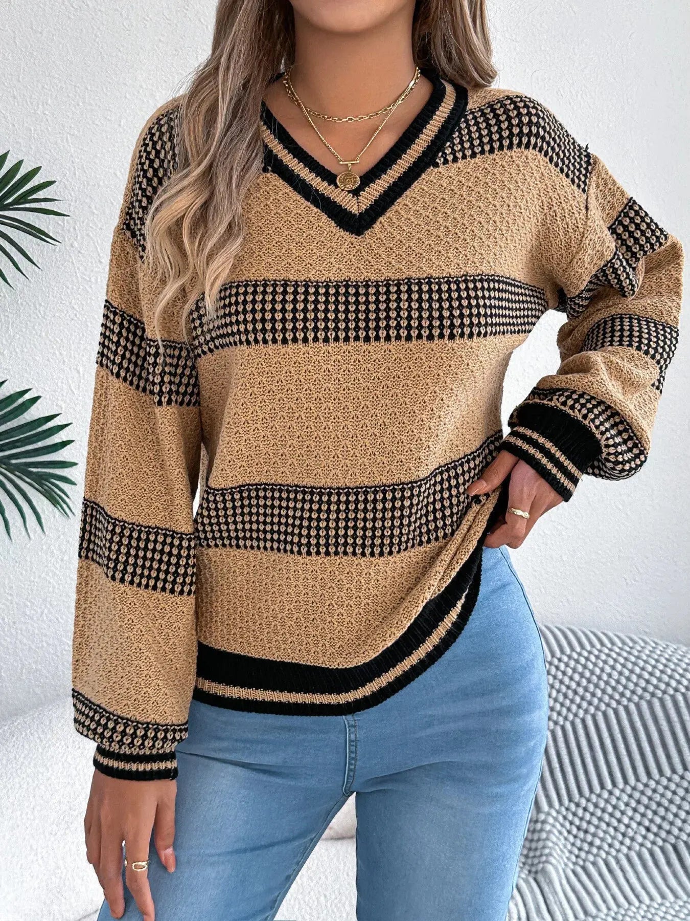 Contrast Striped V Neck Sweater