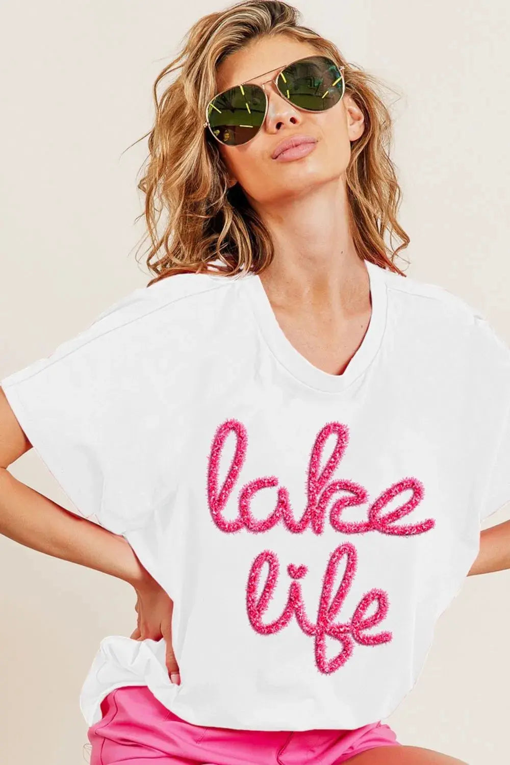 Trendsi Metallic Letter T-Shirt - Dolman Short Sleeve Casual