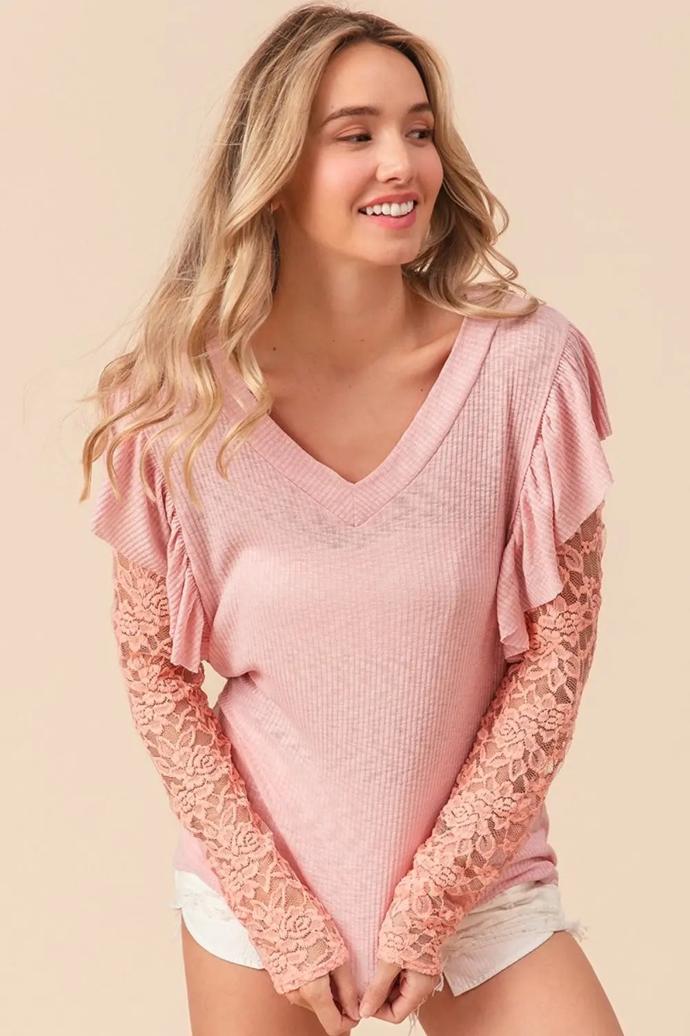 Pants Trendsi BiBi Ruffled Lace Sleeve Rib Knit Top