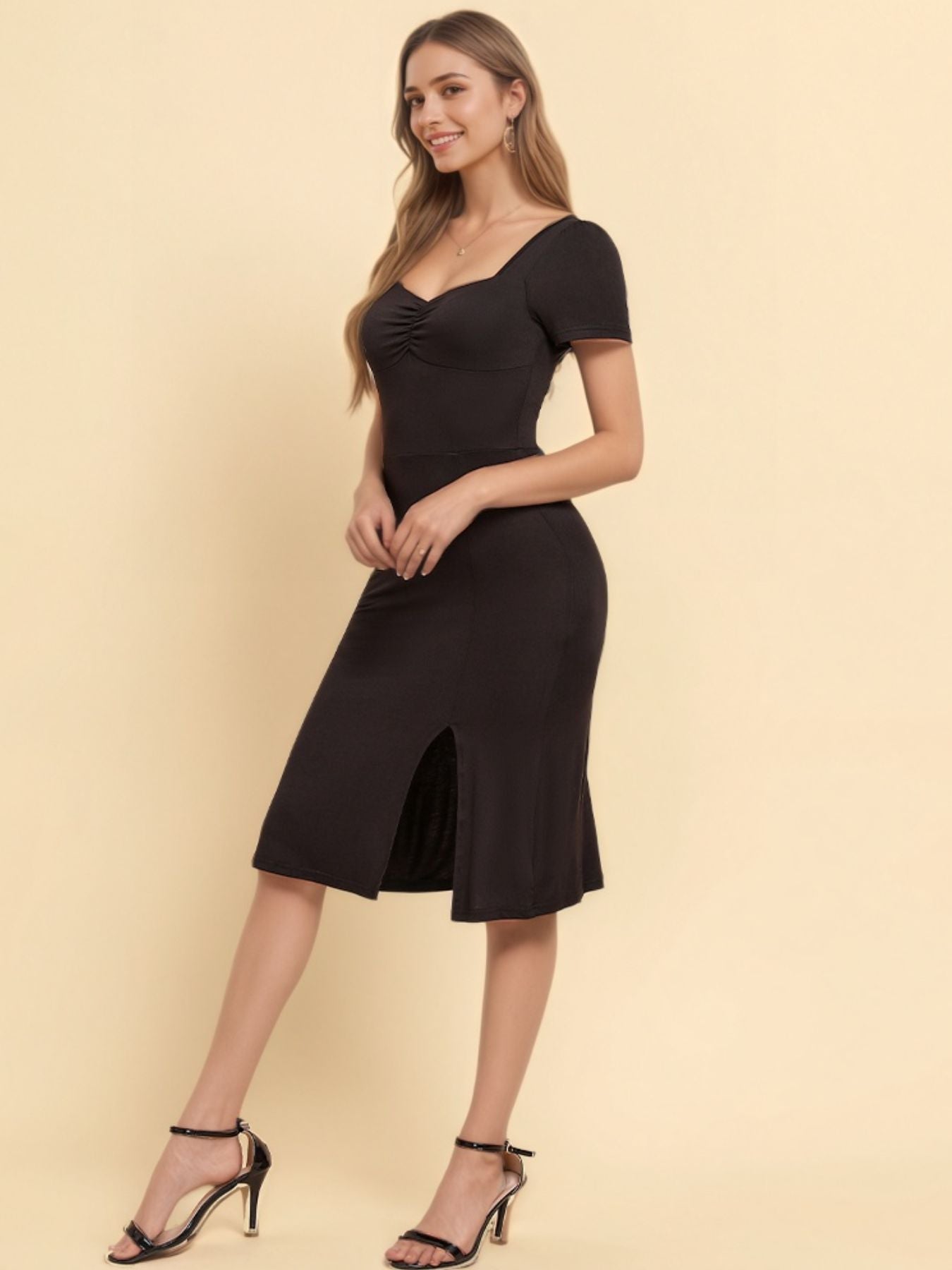 Ruched Sweetheart Neck Short Sleeve Midi Dress with Slit