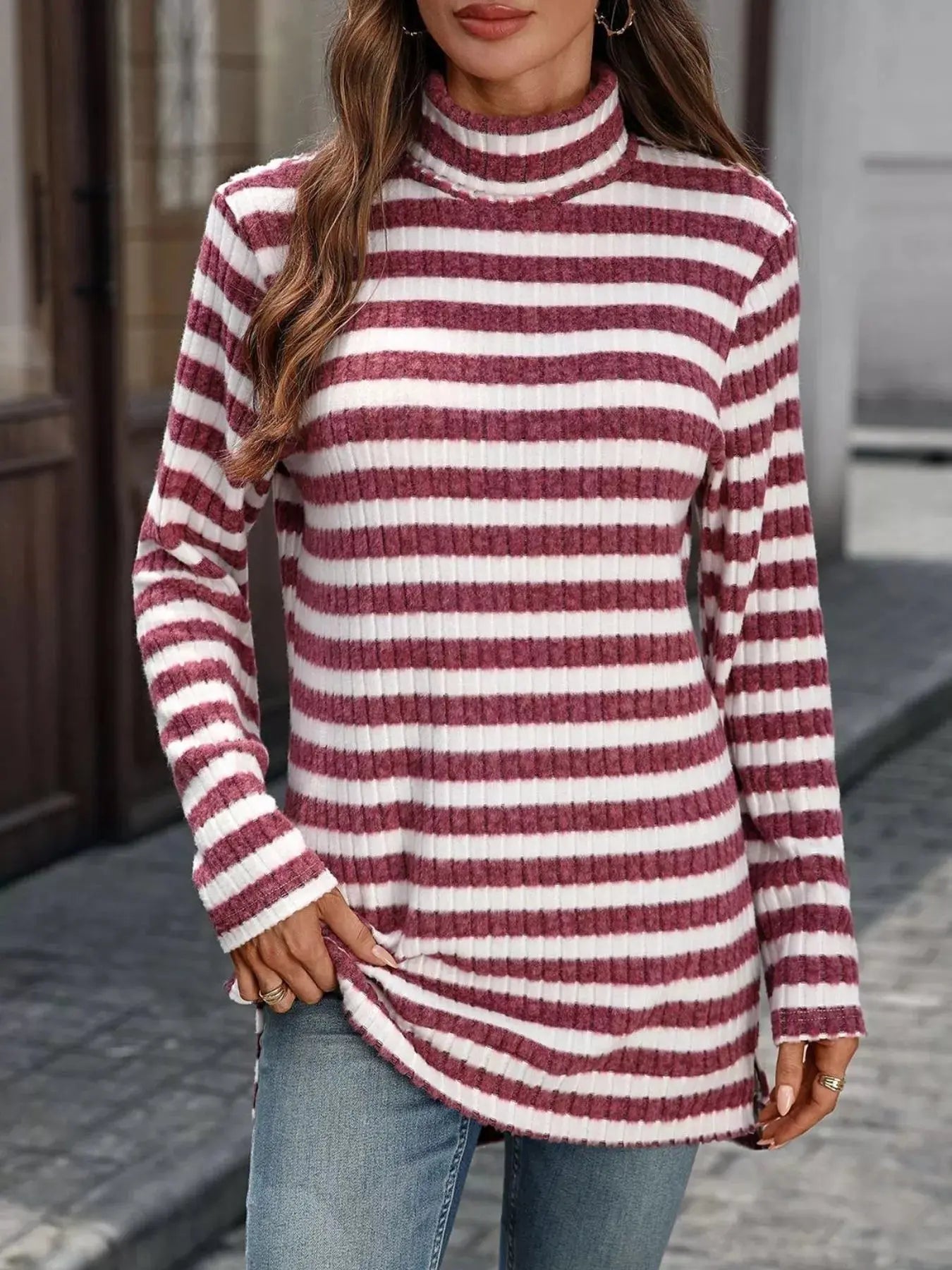 Striped Turtleneck Long Sleeve Knit Top