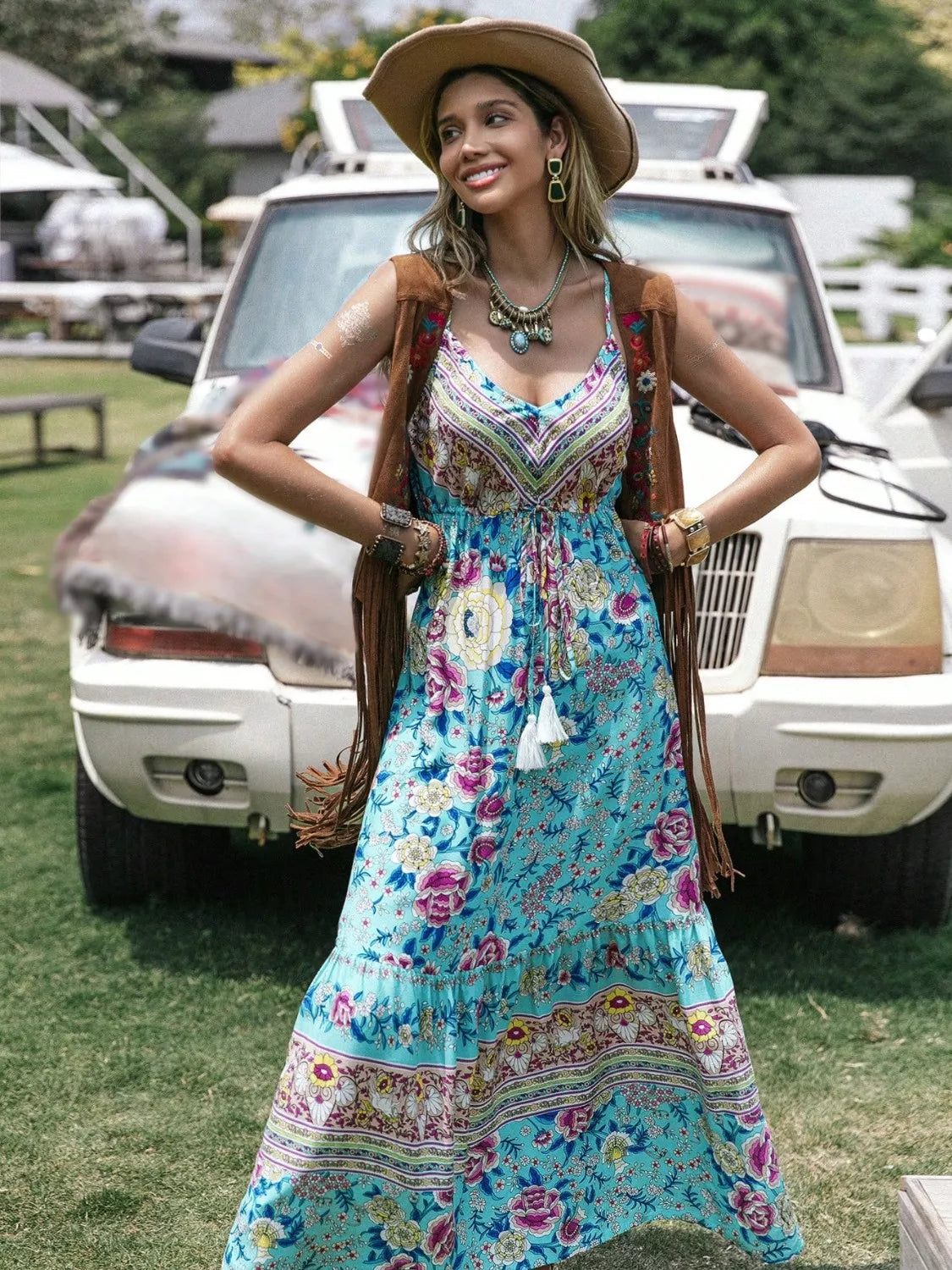 Boho Tassel Floral Print Tiered Cami Dress