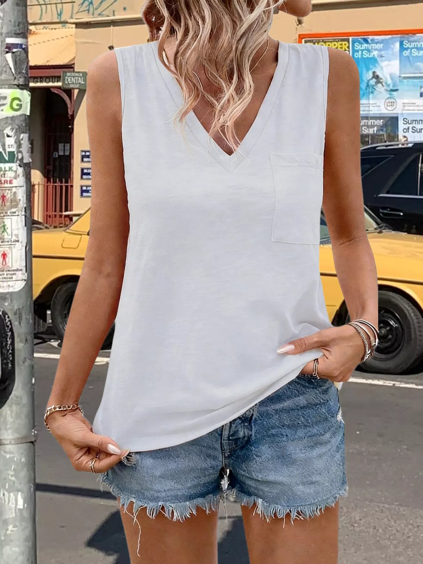 Casual V Neck Pocket Tank Top