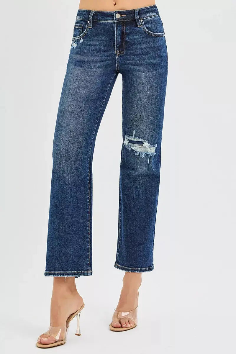 High Rise Crop Slim Straight RISEN Jeans with Hidden Knee Patch