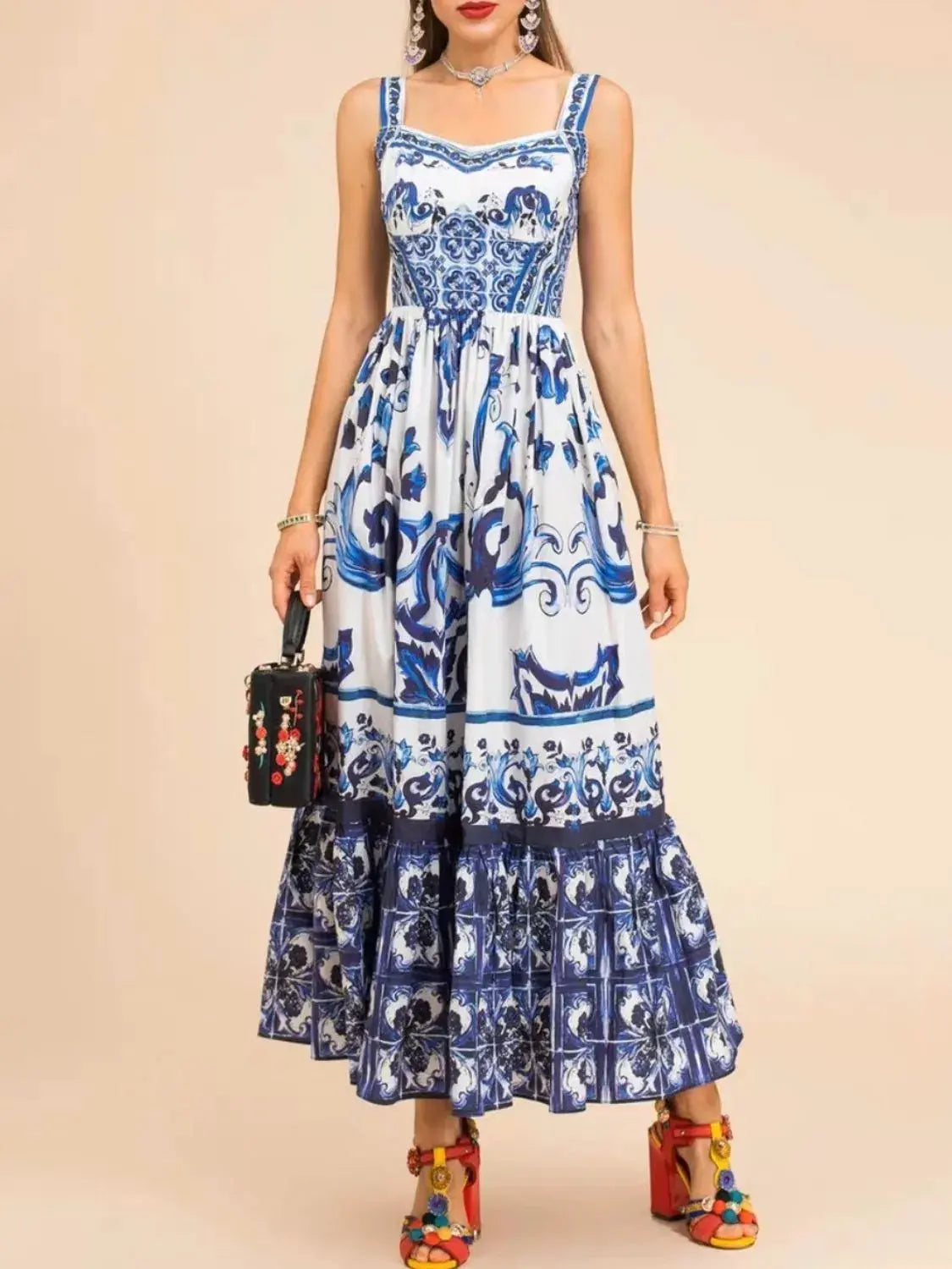 Smocked Blue Tile Print Wide Strap Midi Dress