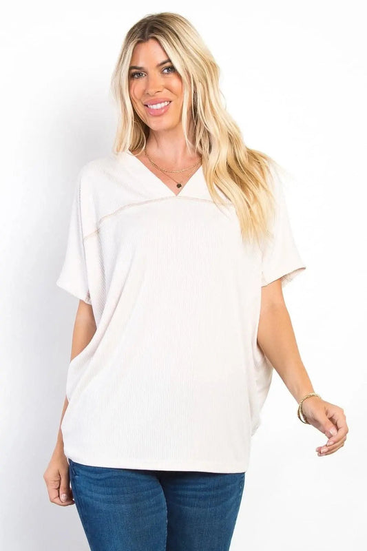T-Shirts Trendsi Be Stage Full Size V-Neck Short Sleeve Ribbed Top
