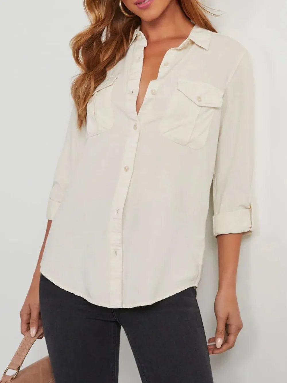 Collared Neck Roll-Tab Sleeve Womens Denim Shirt