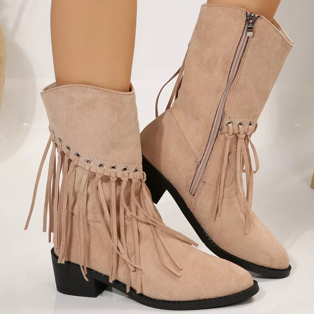 Fringe Western Block Heel Boots