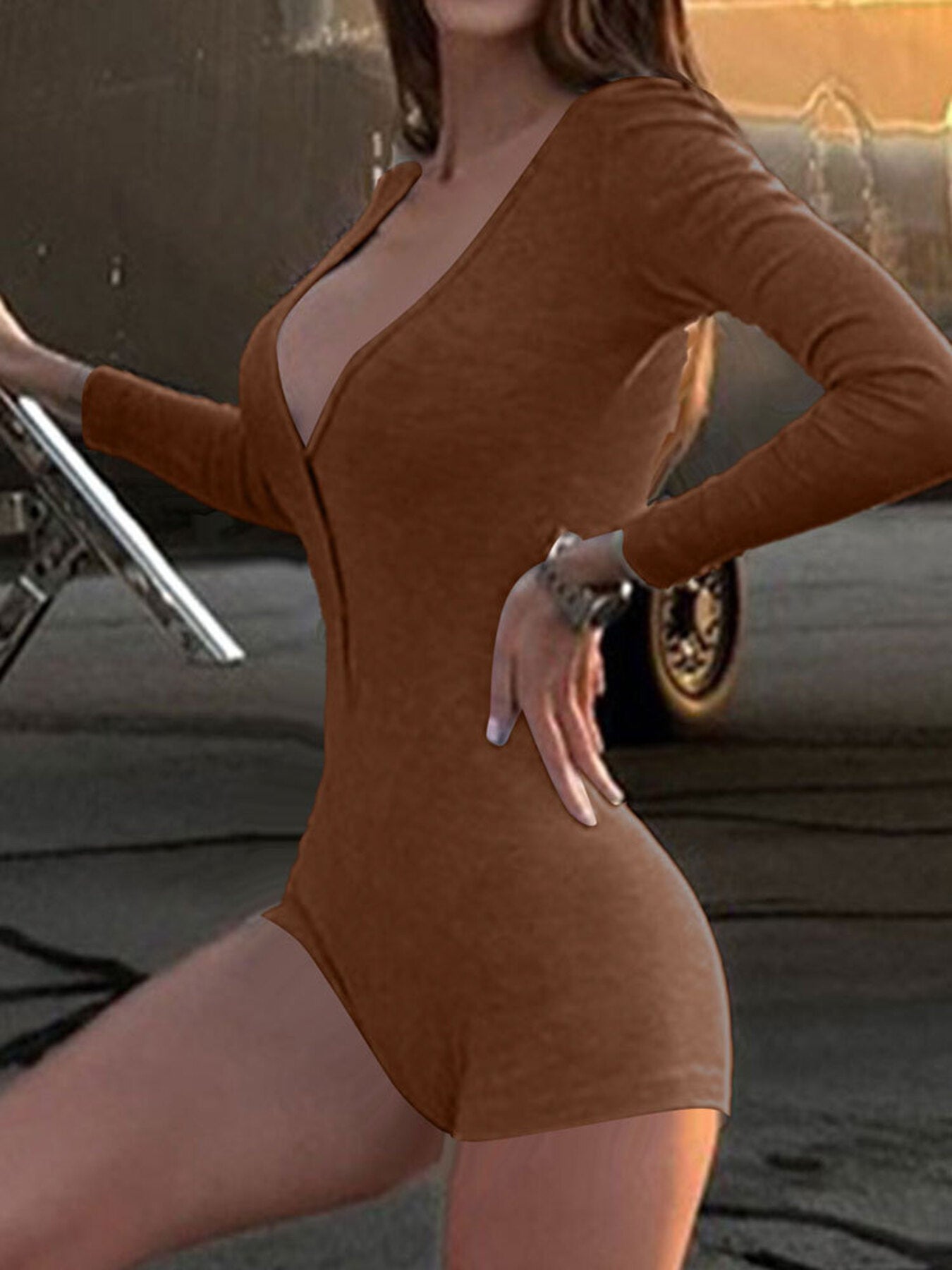 Deep V Neck Long Sleeve Romper