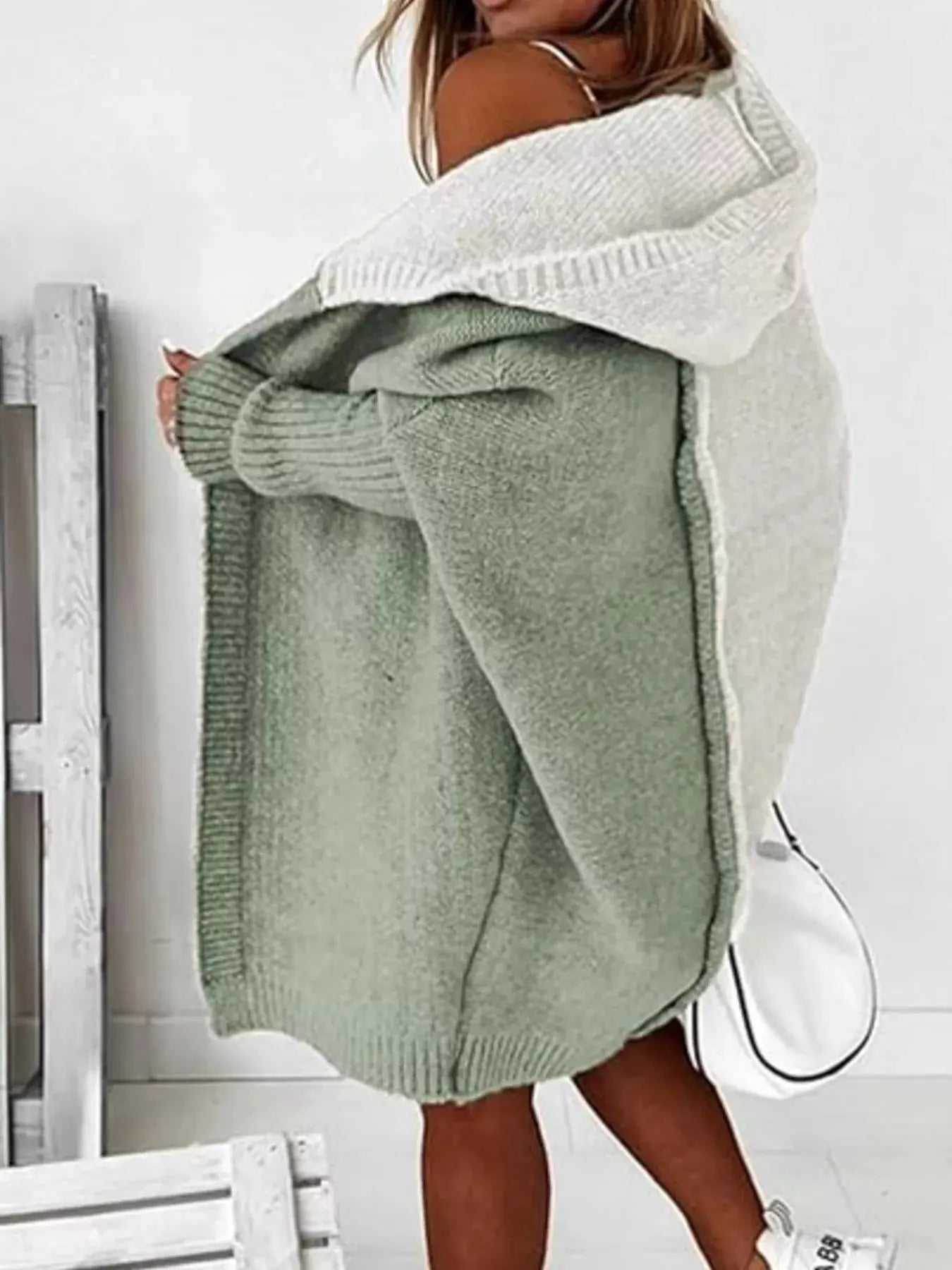 Two-Tone Hooded Open Front Knit Cardigan