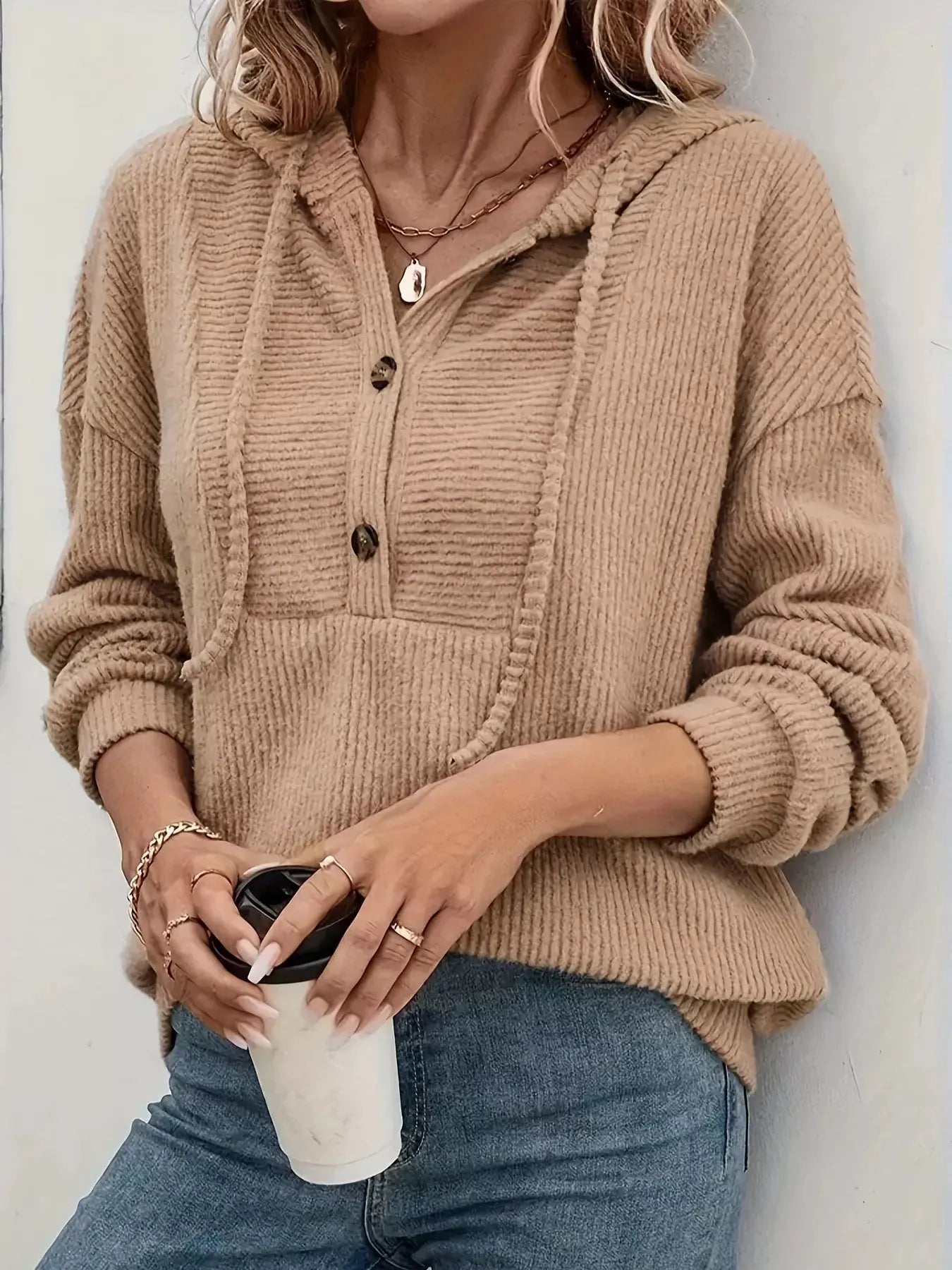 Button Front Drawstring Hoodie