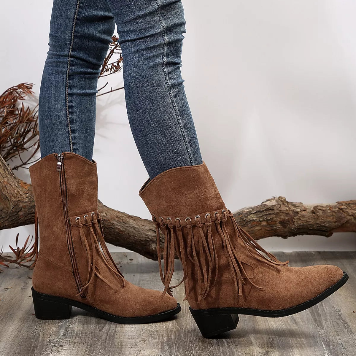 Fringe Western Block Heel Boots