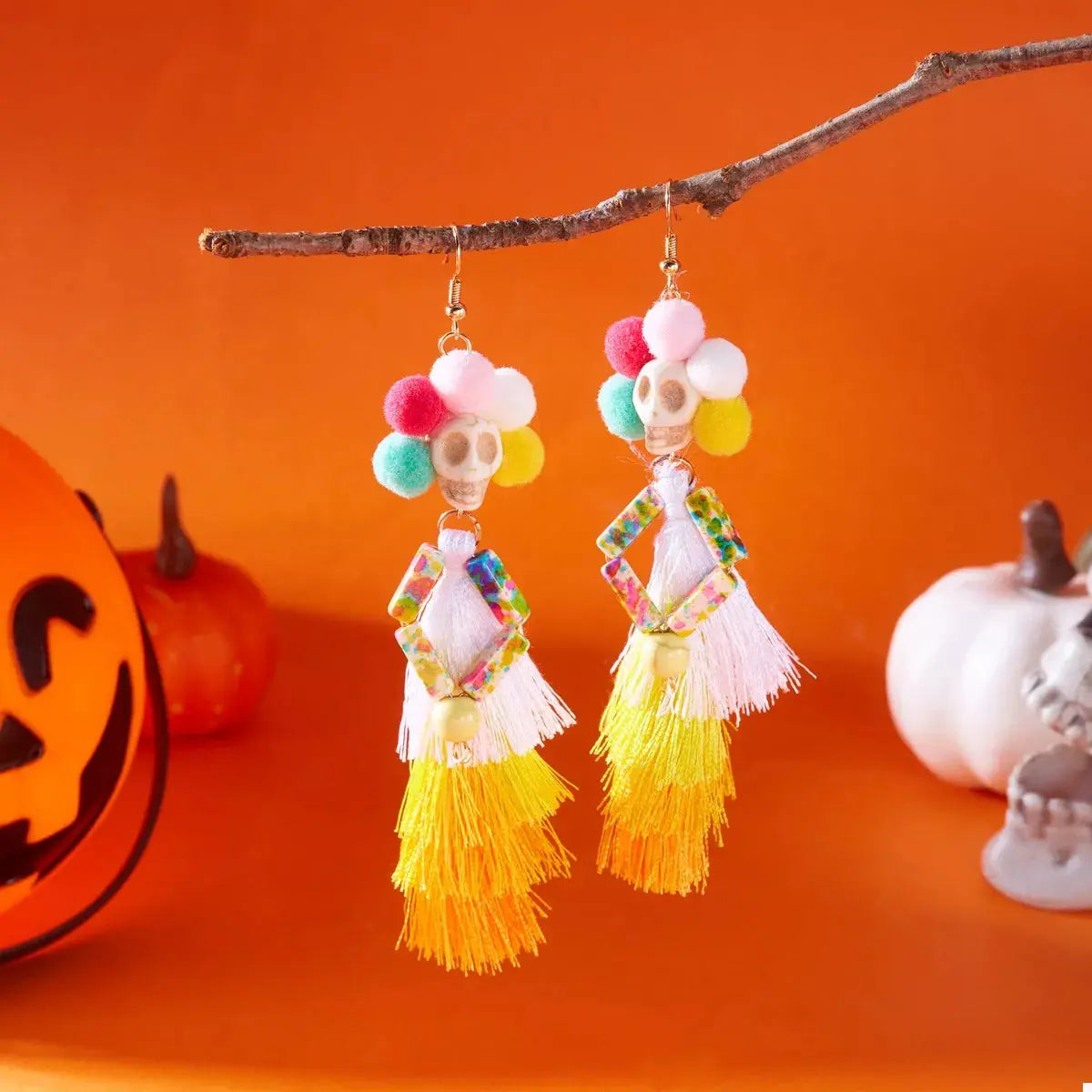 Sugar Skull Tassel Halloween Drop Earrings