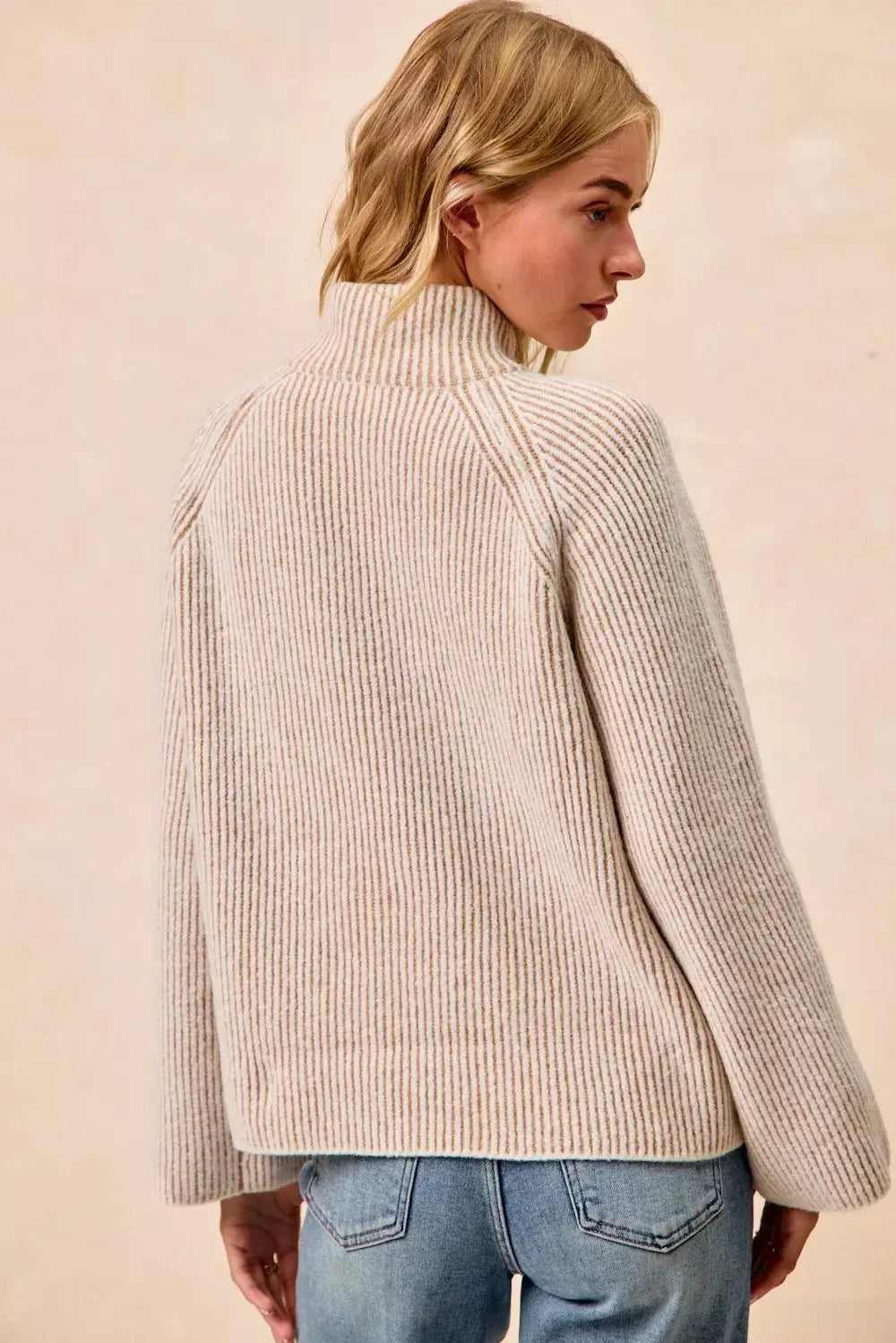 BiBi Two Tone Ribbed Textured Knit Sweater with Zip Up Collar