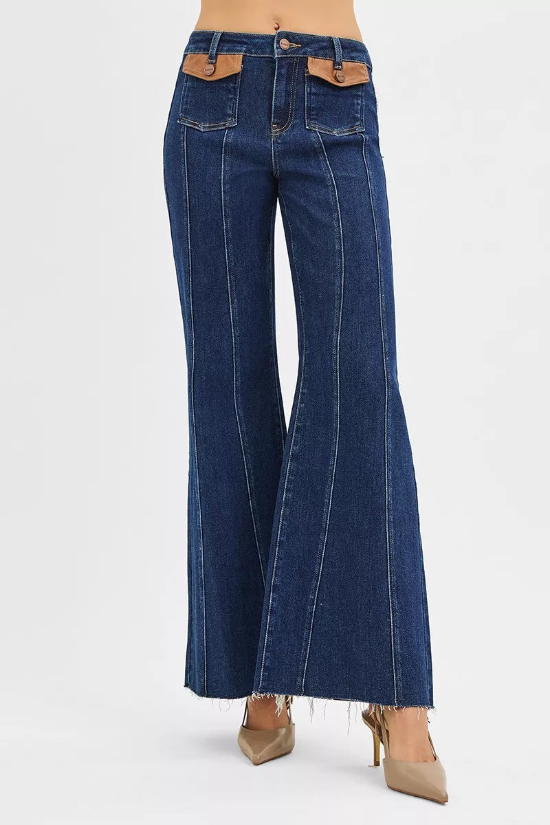 RISEN Jeans - High Rise Wide Flare Jeans with Front Leather Pocket Detail