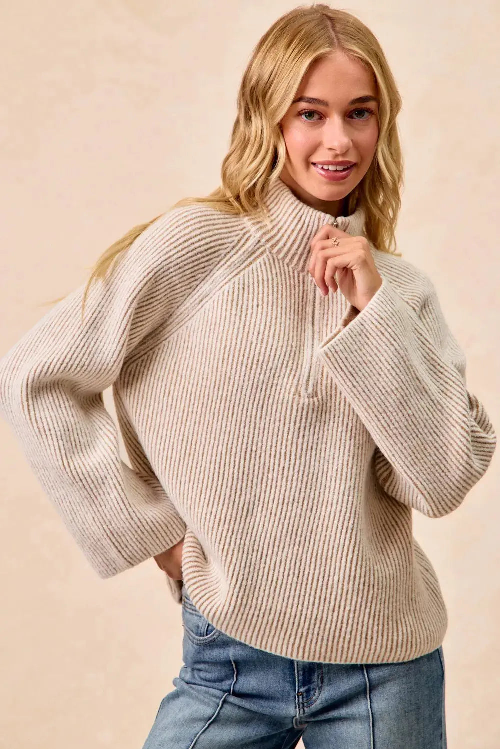 BiBi Two Tone Ribbed Textured Knit Sweater with Zip Up Collar