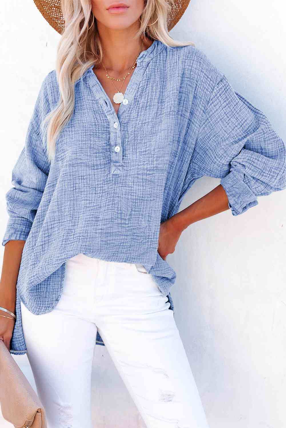 Women's Textured Cotton Buttoned Long Sleeve Blouse