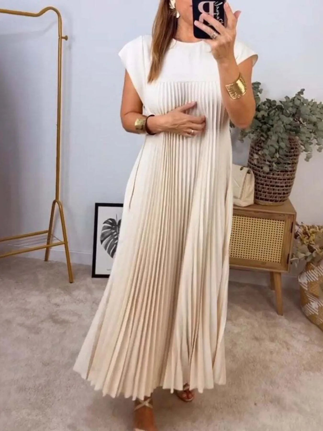 Pleated Round Neck Maxi Dress