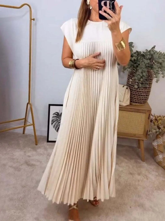 Pleated Round Neck Maxi Dress