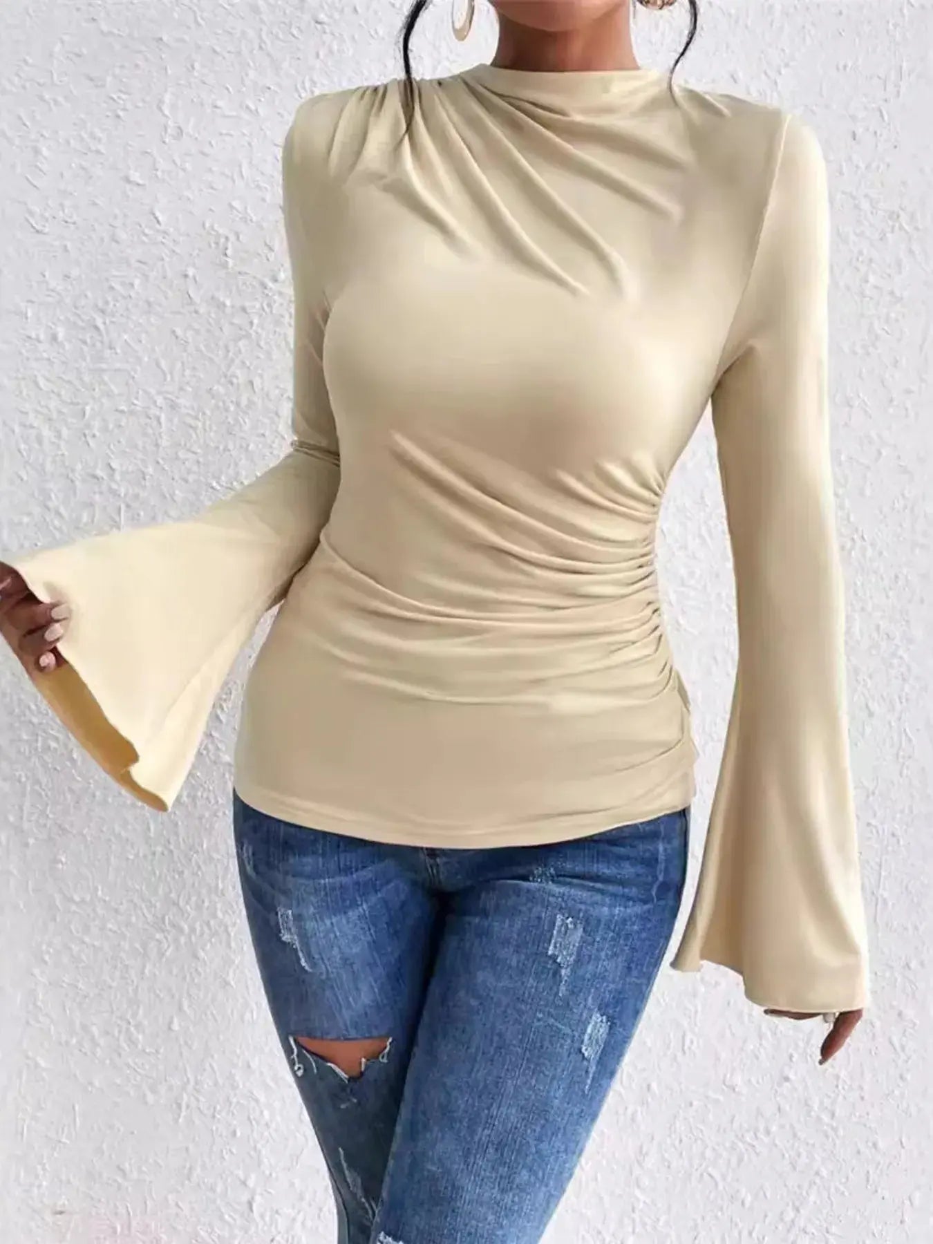 Bell Sleeve Fitted Ruched T Shirt with Mock Neck
