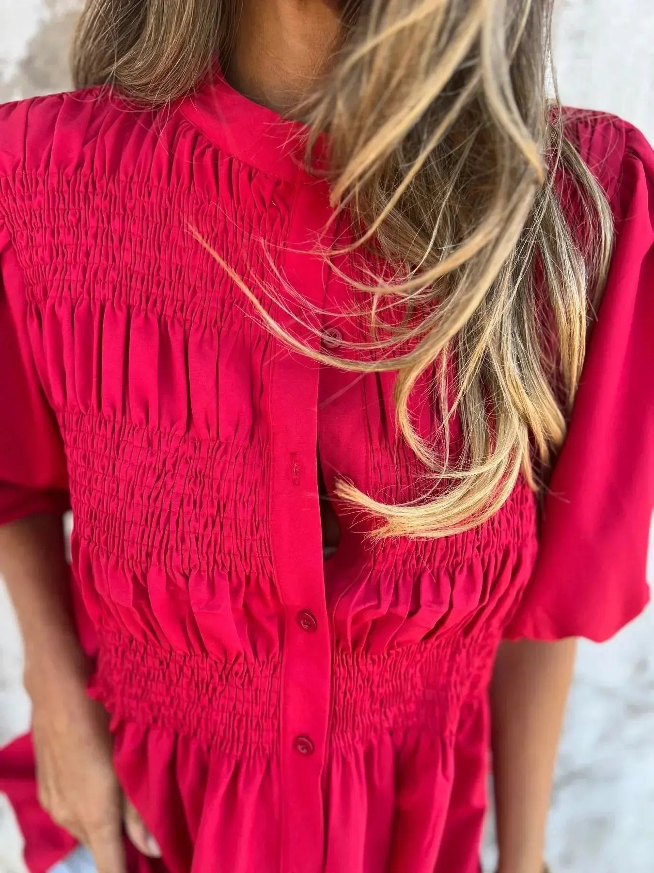 Full Size Red Smocked Button Puff Sleeve Blouse – Plus Size