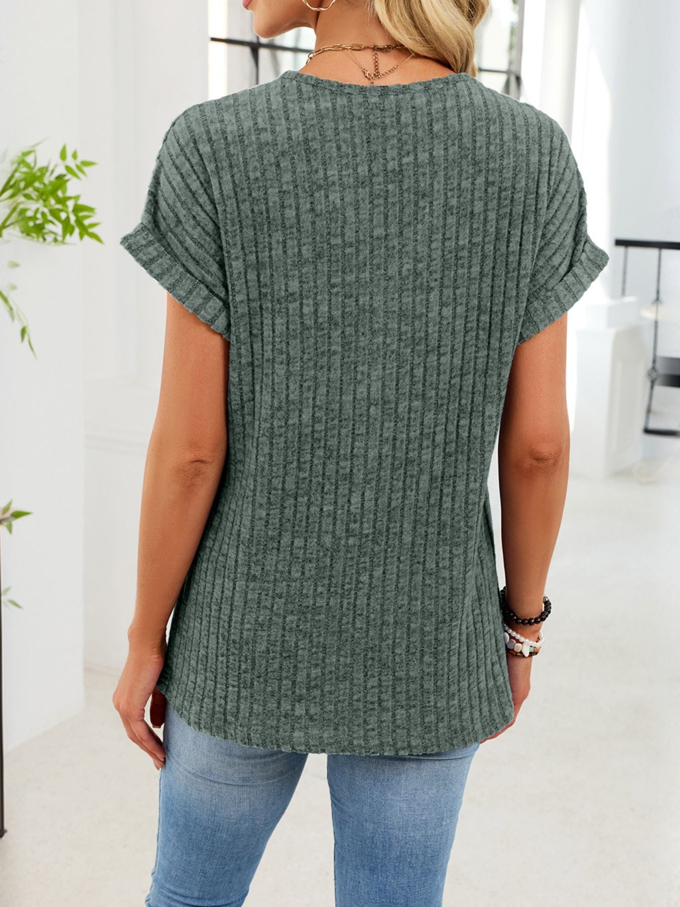V Neck Ribbed Knit T Shirt