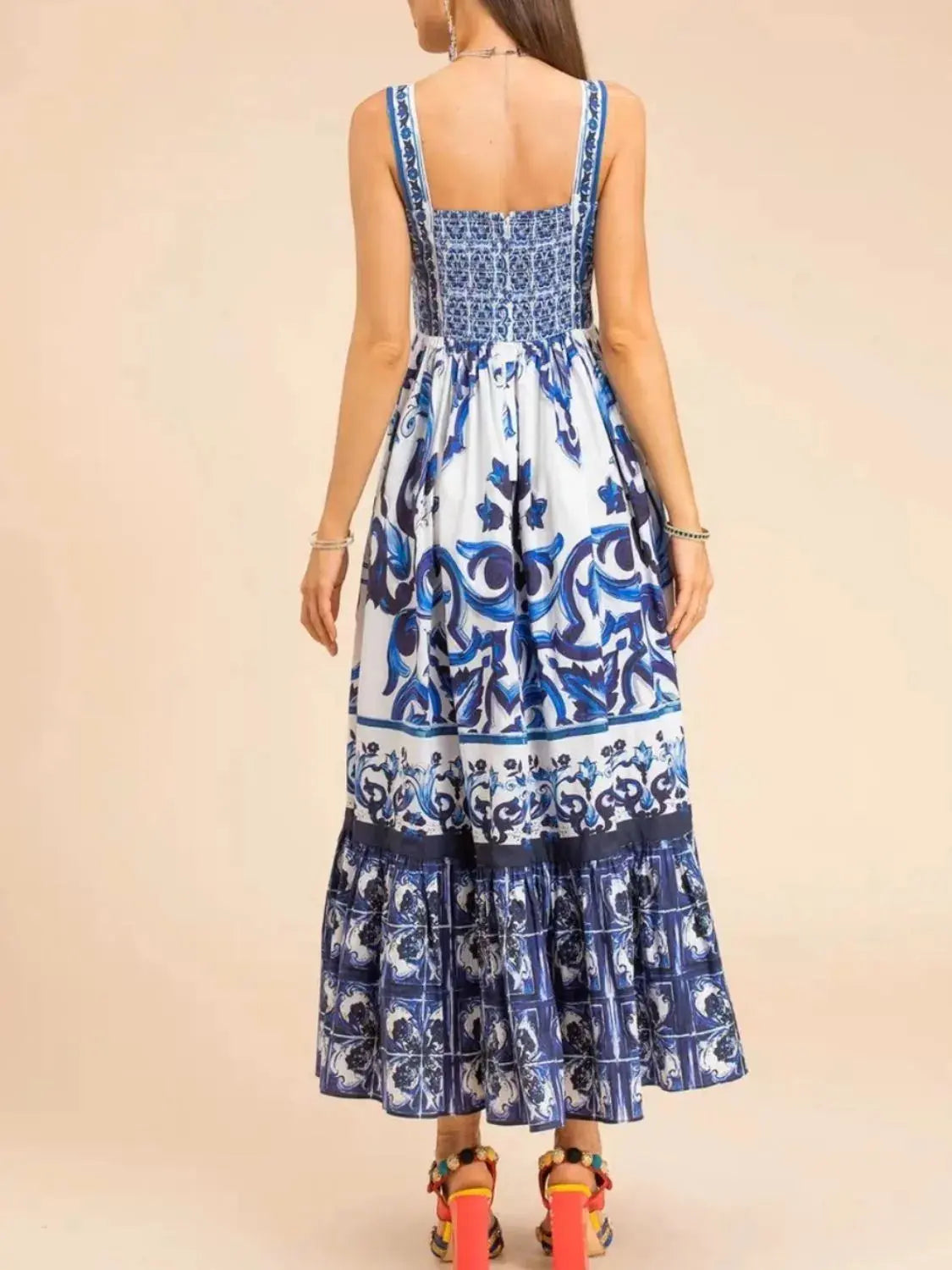 Smocked Blue Tile Print Wide Strap Midi Dress