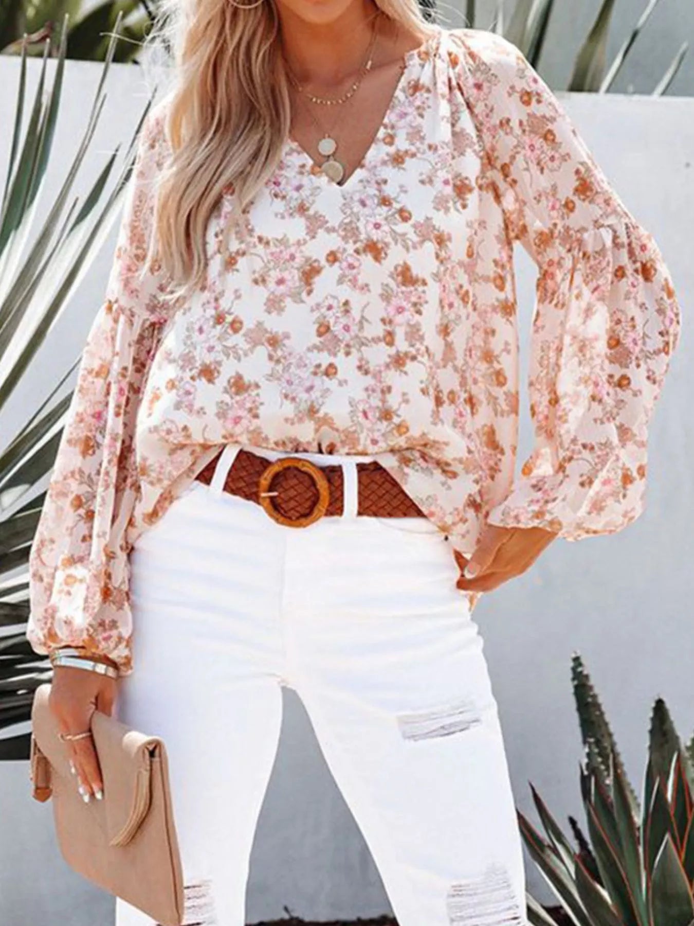 Full Size Floral Print V Neck Long Sleeve Blouse