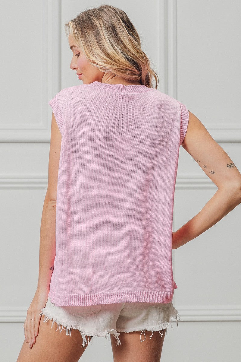 American Flag Sequins Patch Sleeveless Pink Knit Top