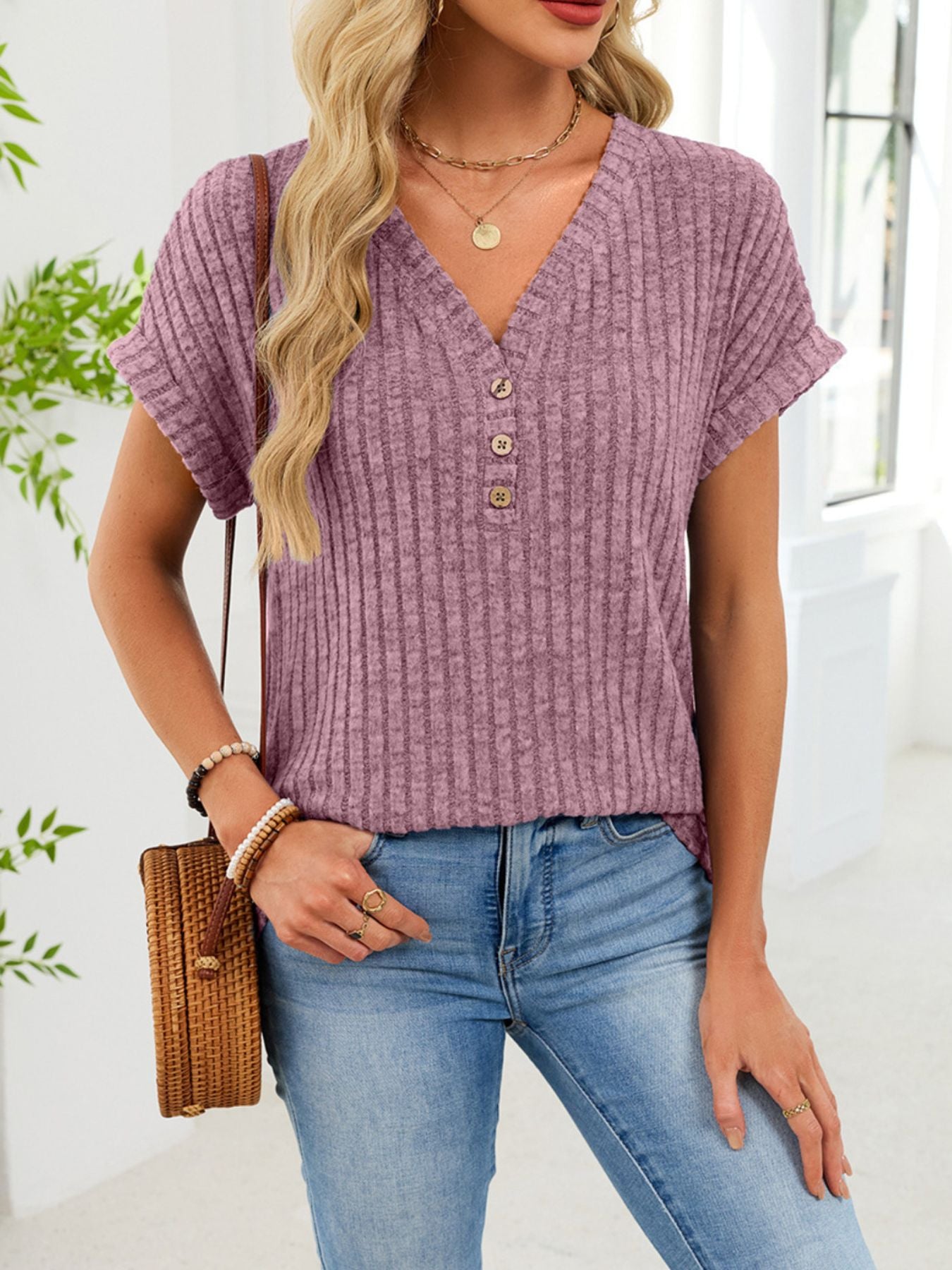 V Neck Ribbed Knit T Shirt