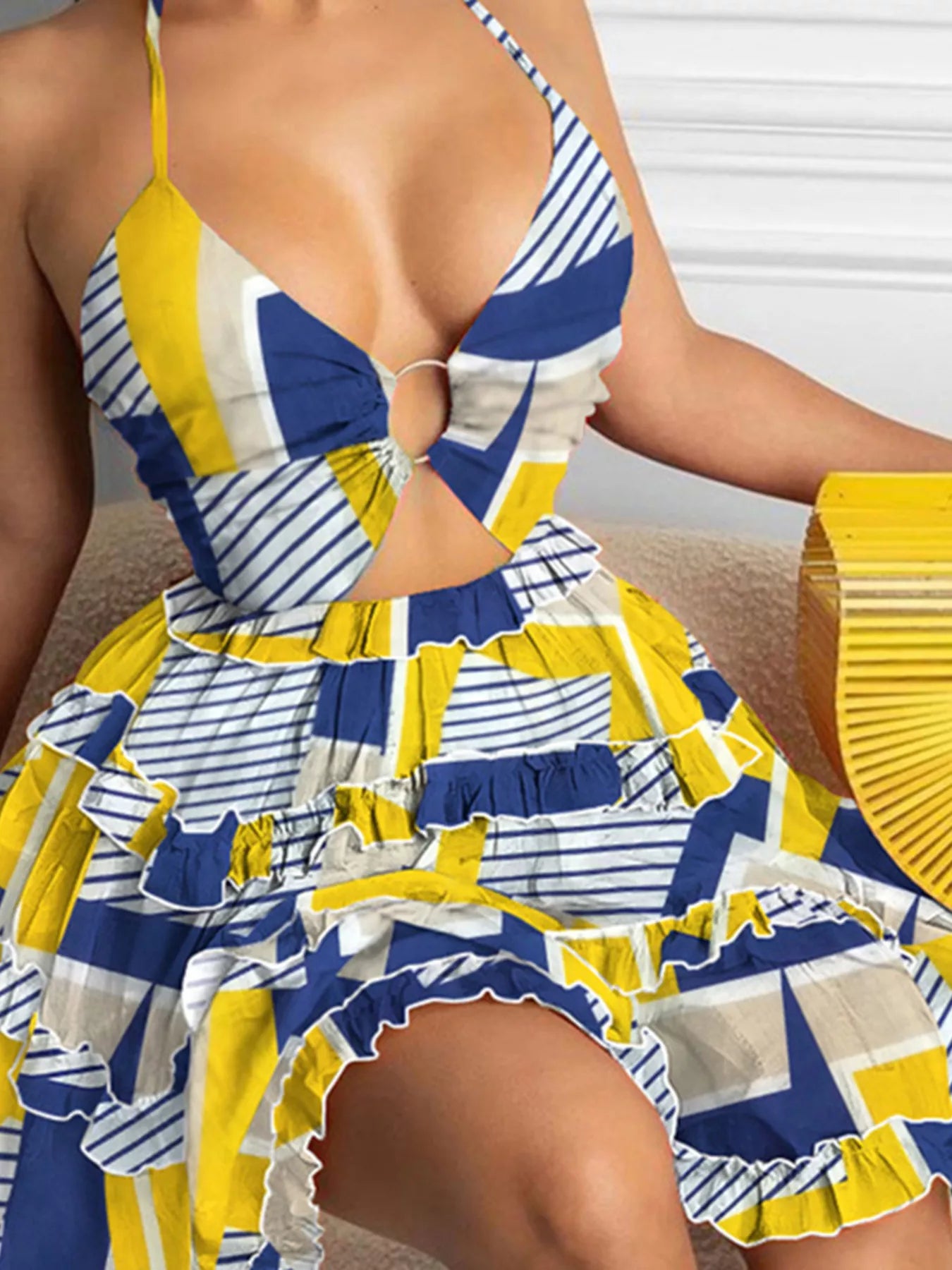 Colorful Print Halter Neck Ruffle Mini Dress