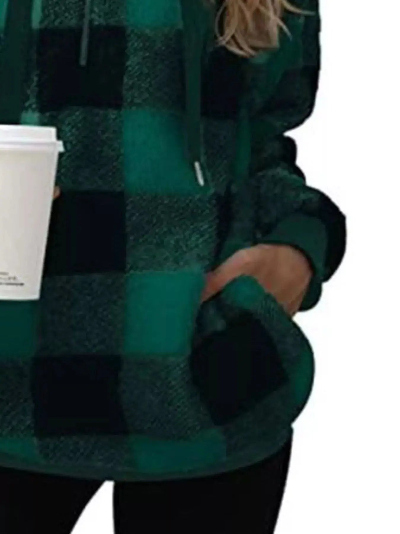 Plus Size Plaid Drawstring Sherpa Hoodie