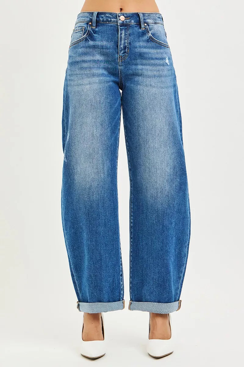 RISEN Jeans - Full Size Mid Rise Barrel Double Roll Up Jeans