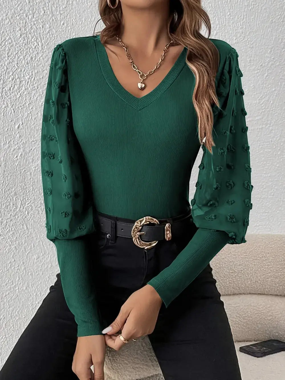 Swiss Dot V Neck Long Sleeve Top