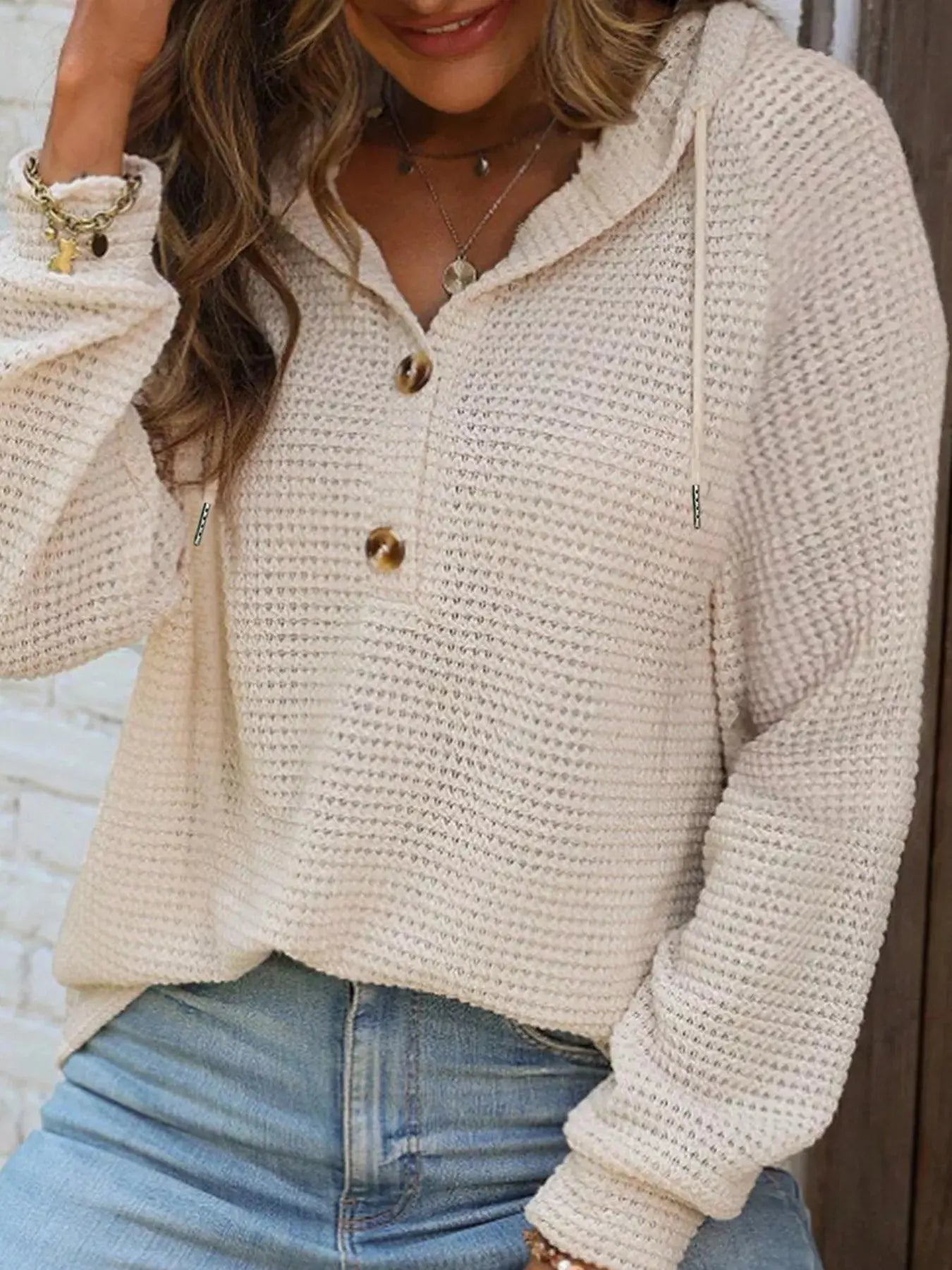 Casual Button Detail Waffle Knit Hoodie