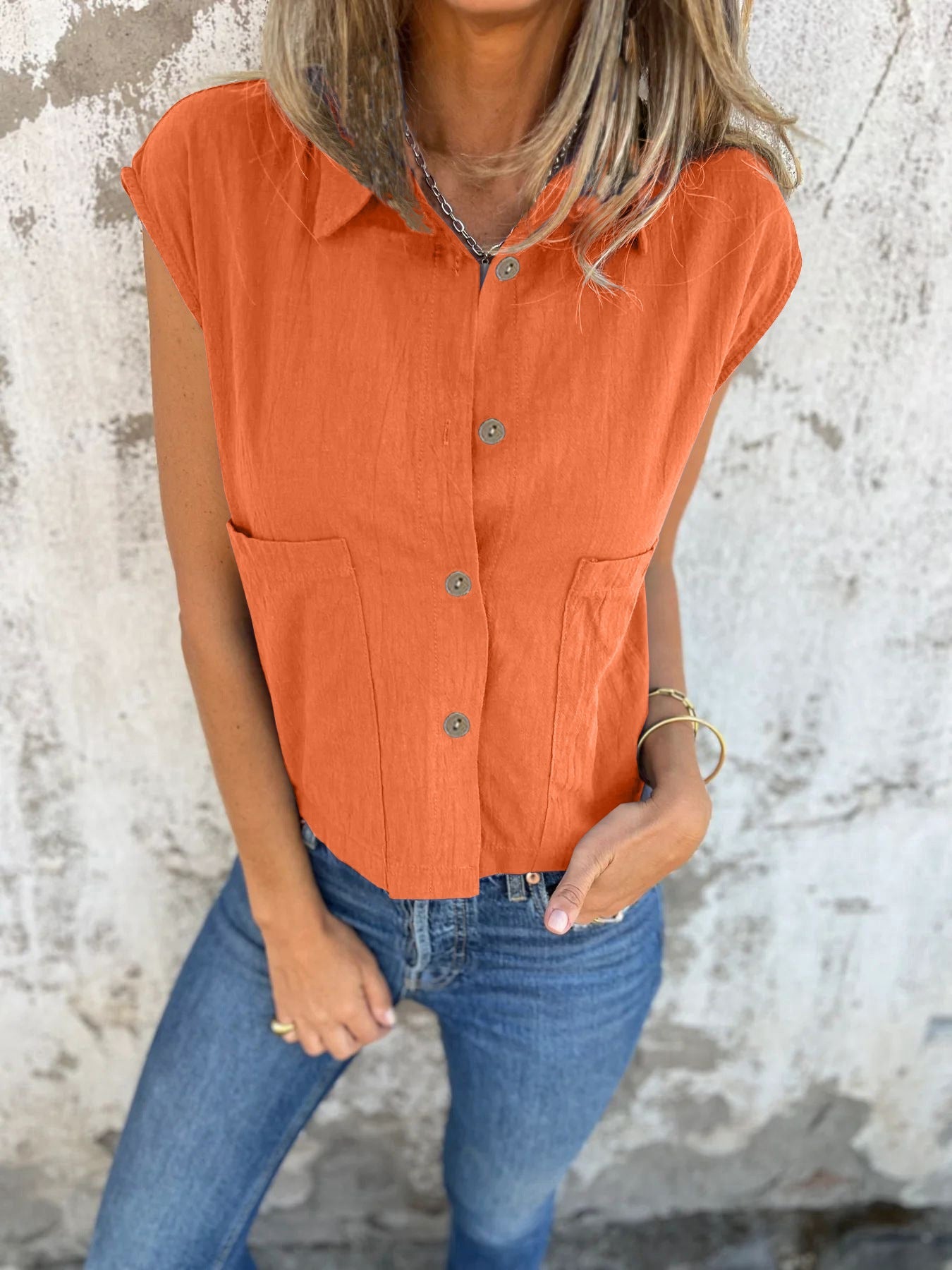 Women's Button Down Cap Sleeve Blouse