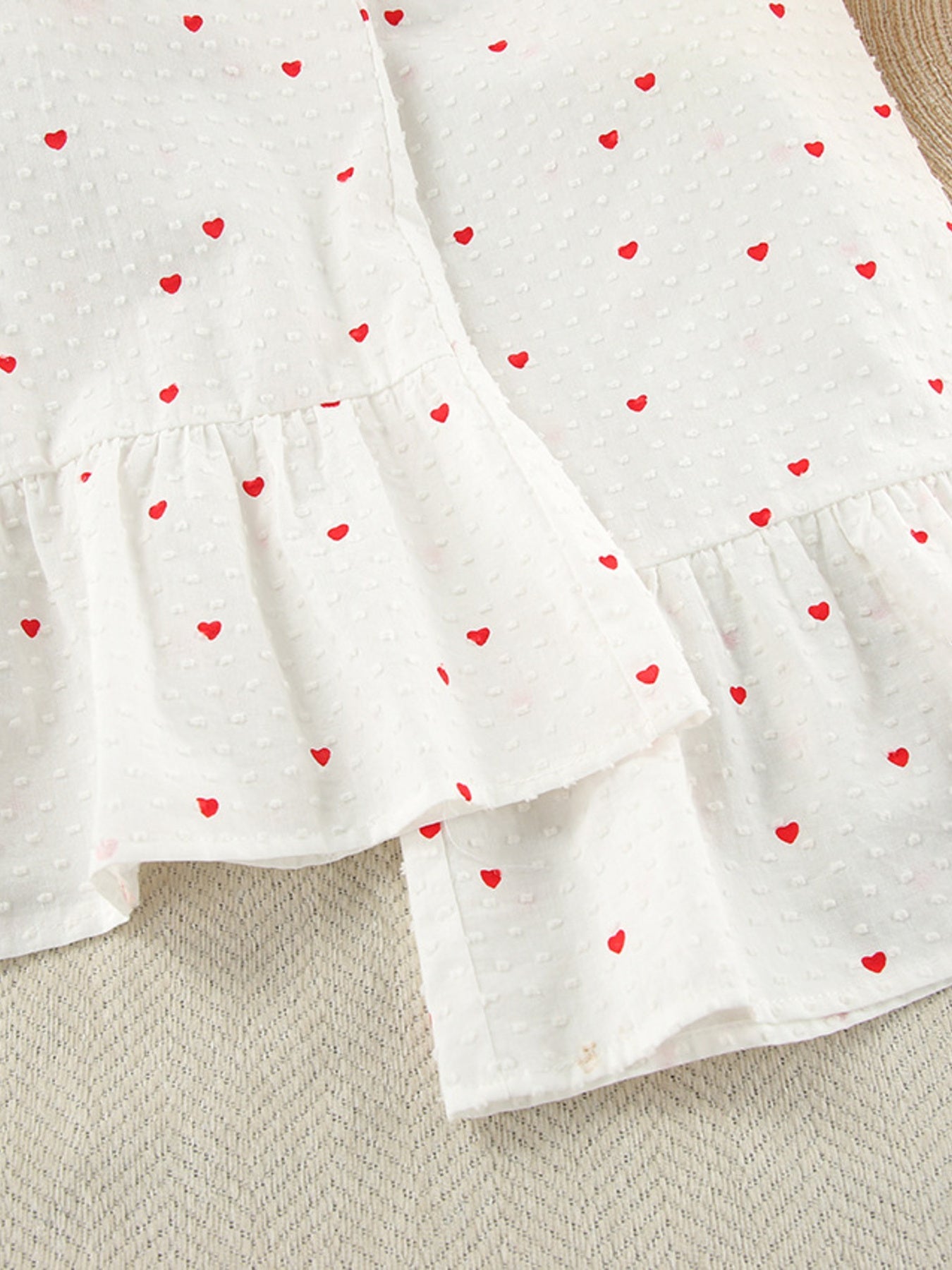 Heart Print Ruffle Trim Button-Up Cotton Lounge Set