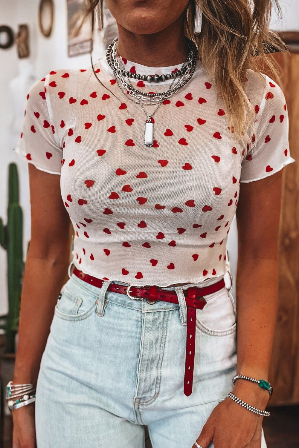 Women's Sheer Heart Print Fitted Mesh Blouse