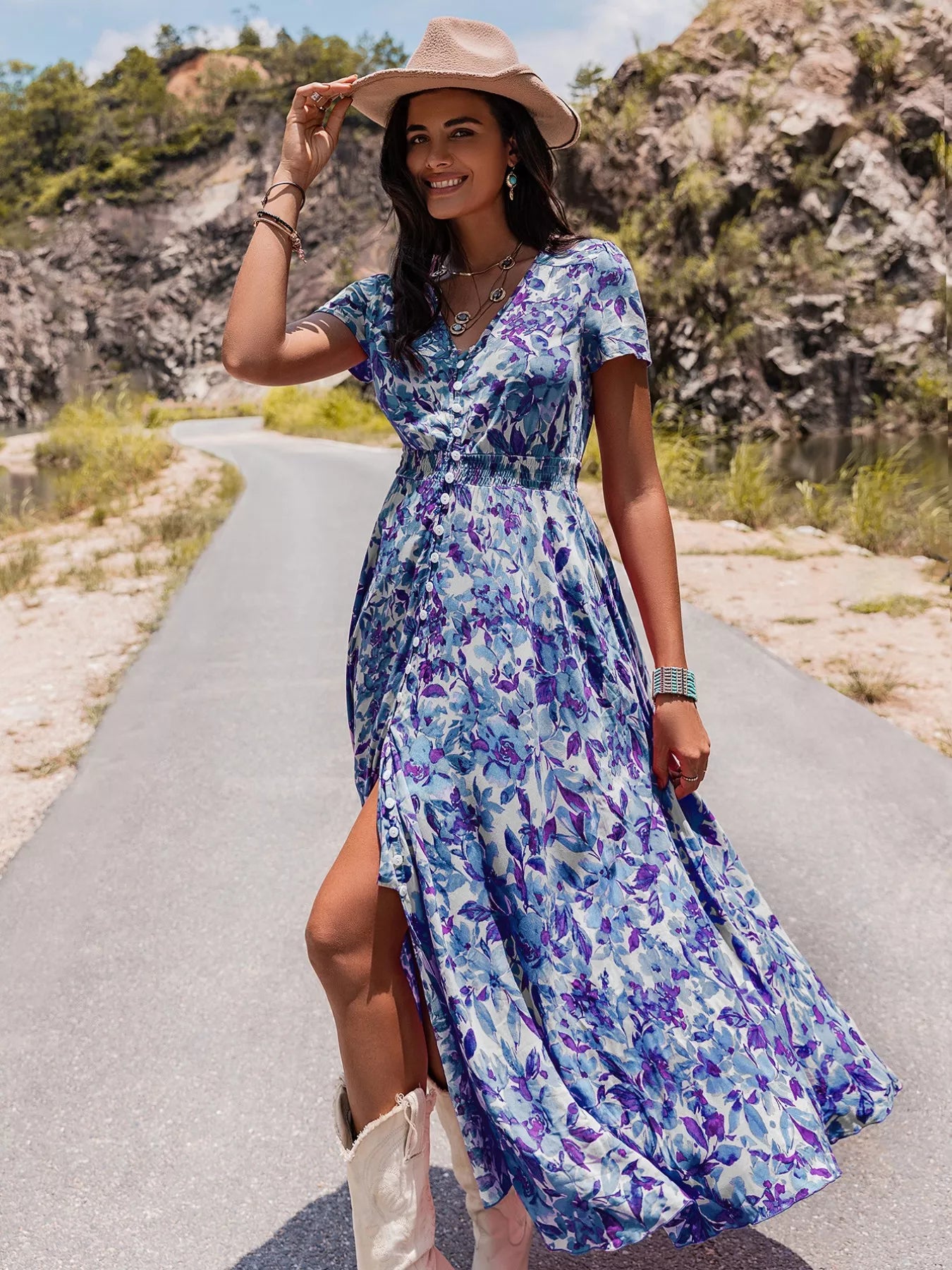 Floral Print Slit Front V Neck Midi Dress