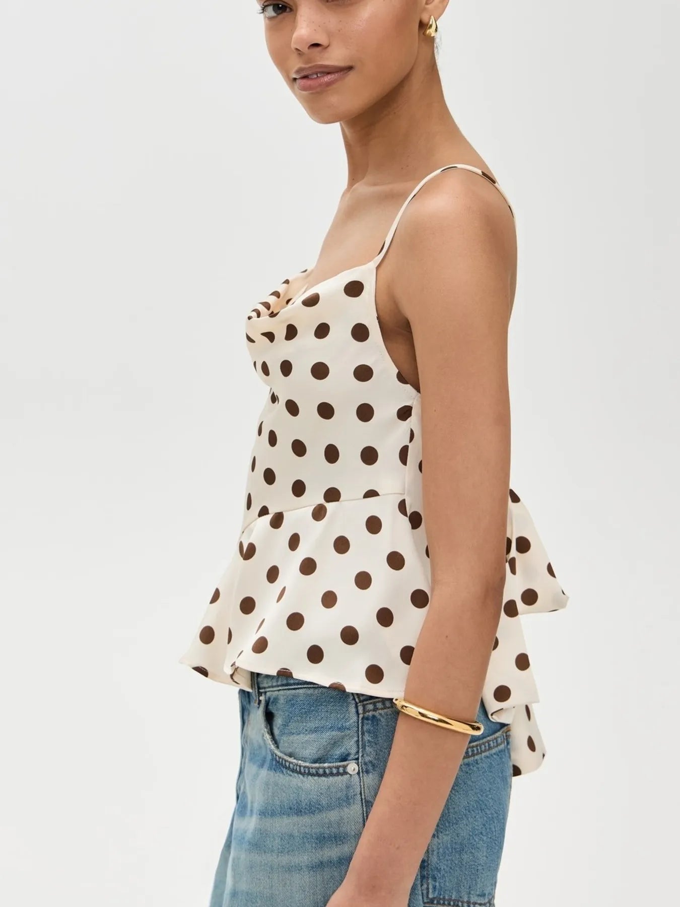 Cowl Neck Polka Dot Cami with Crisscross Back Tie