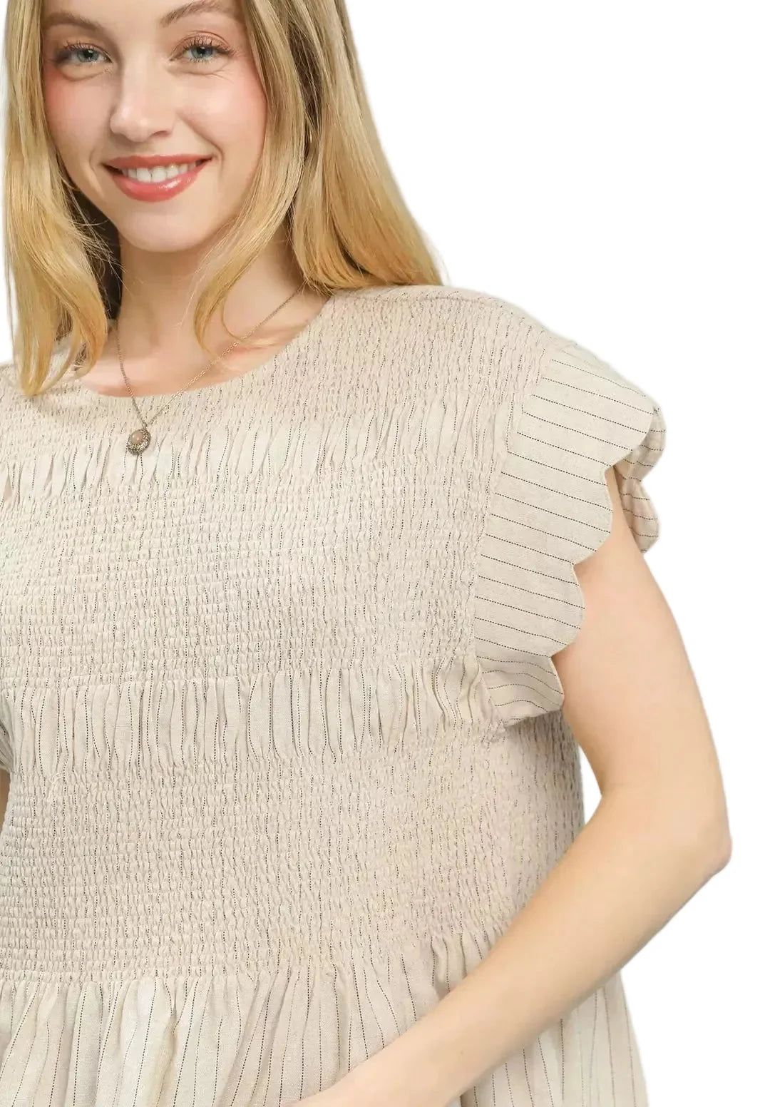 Beige Pinstripe Smocked Peplum Top